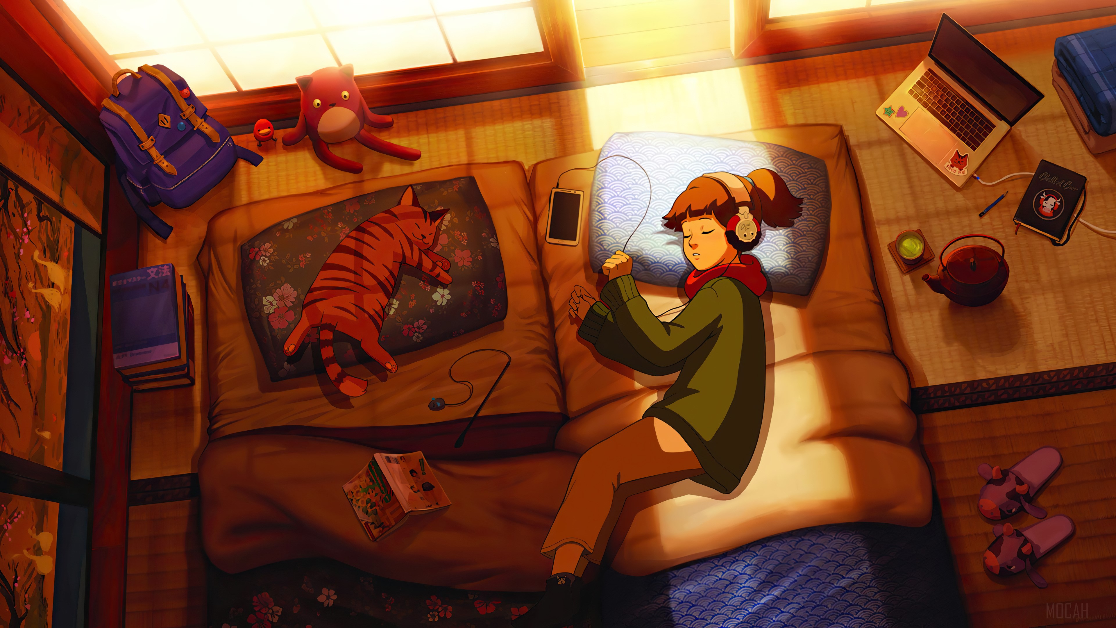 Sleeping Girl with Cat in Cozy Lofi Afternoon HD Wallpaper