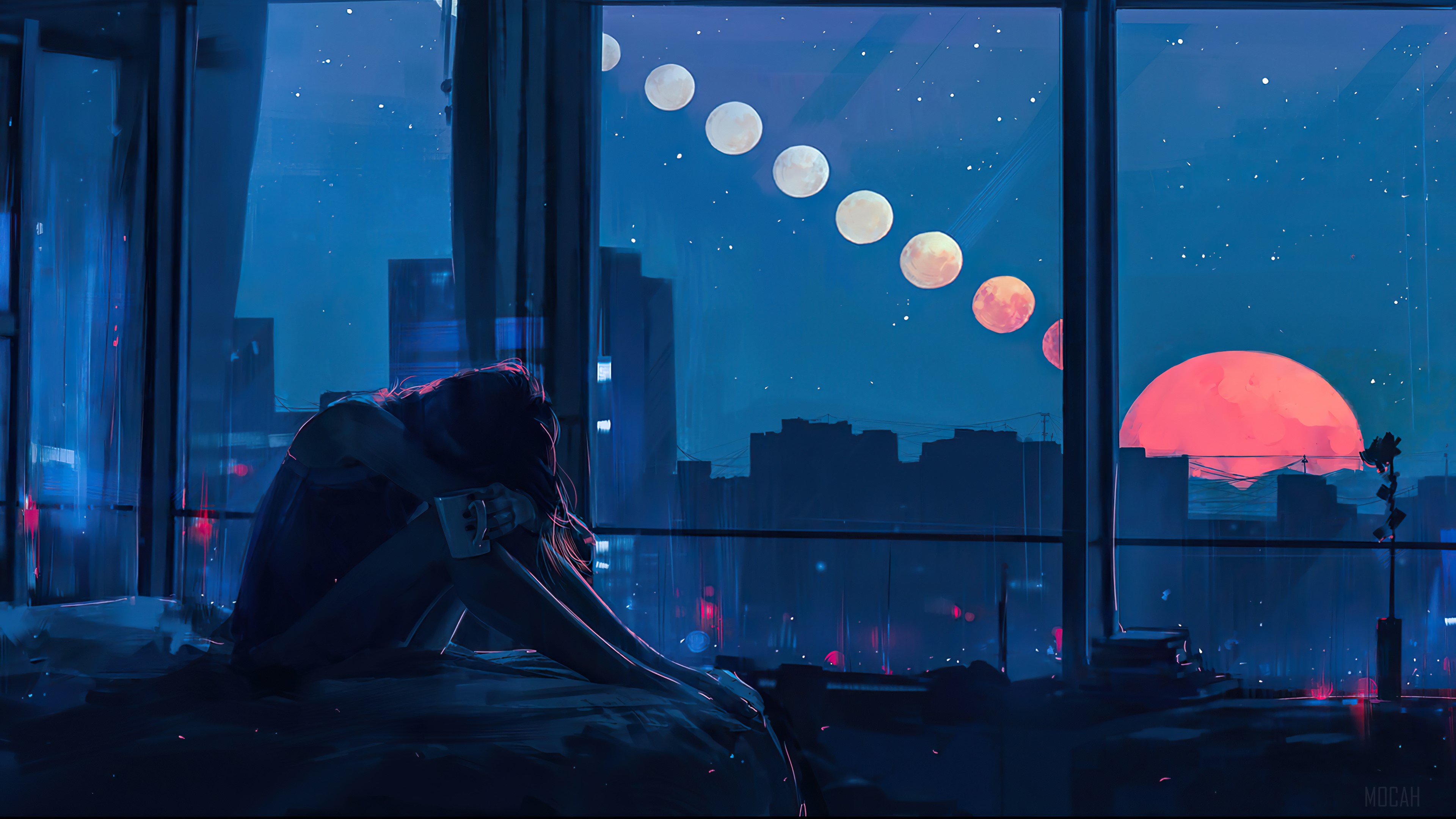 Girl by the window at night with moon phases HD Wallpaper
