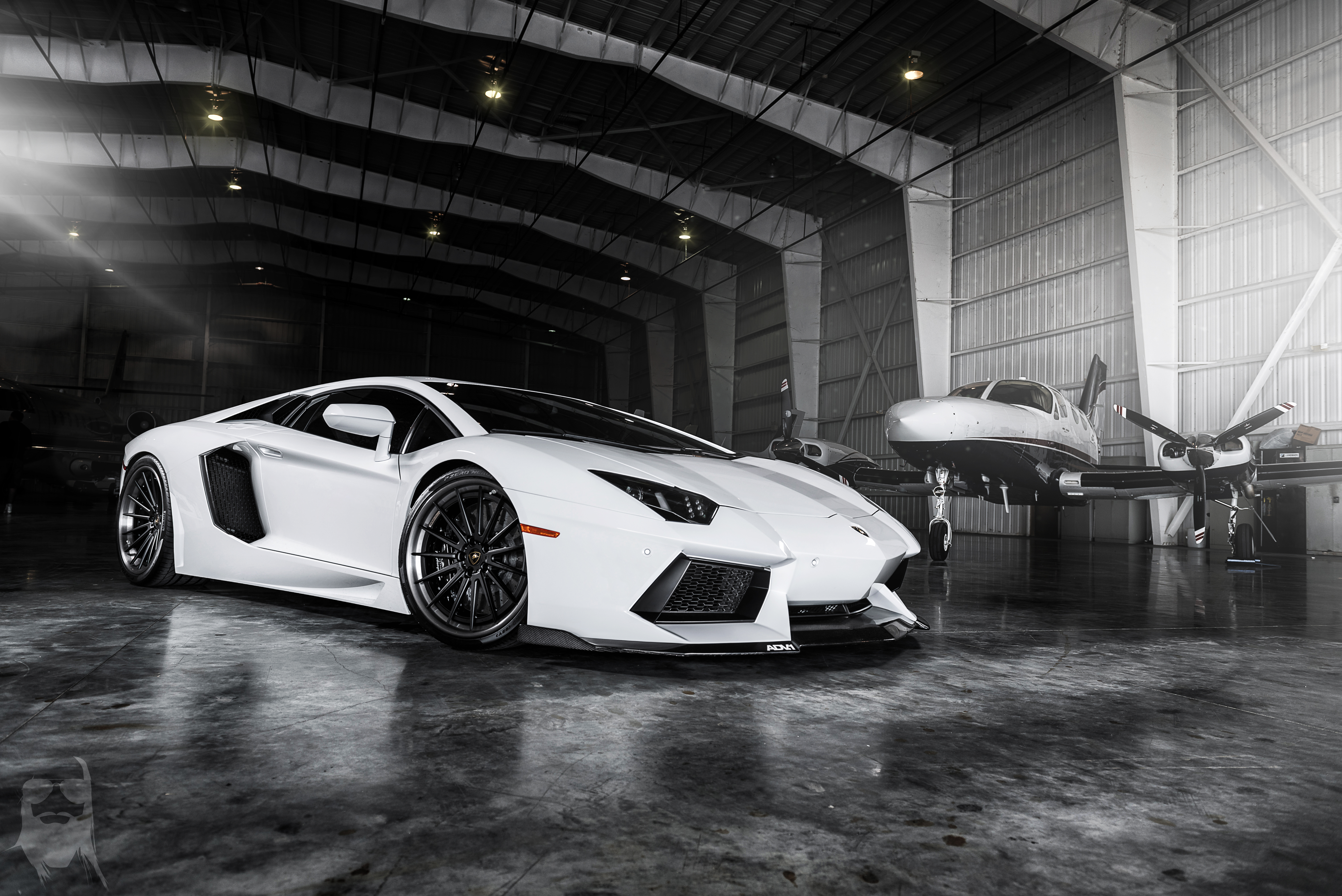 White Lamborghini Aventador LP700 in Hangar HD Wallpaper