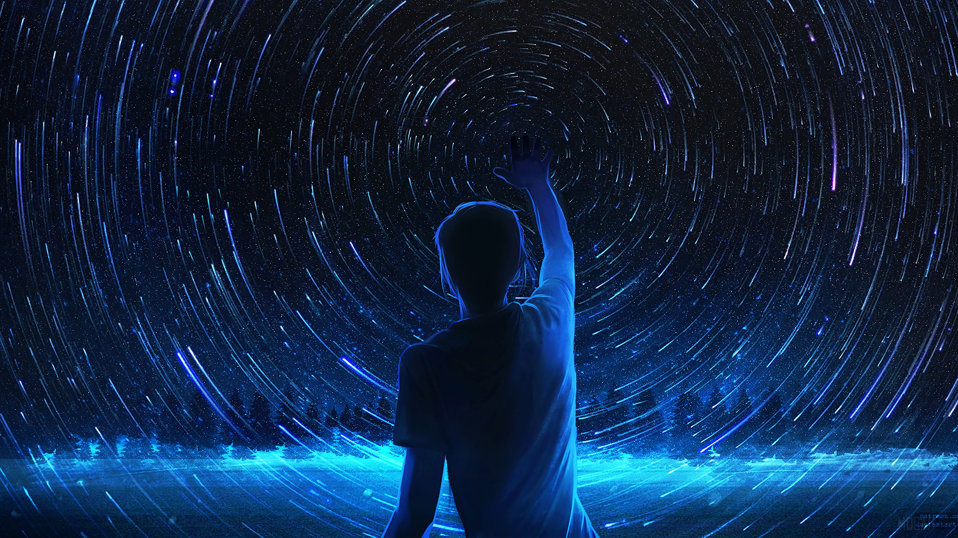 Person reaching for star trails in the night sky 4K HD Wallpaper