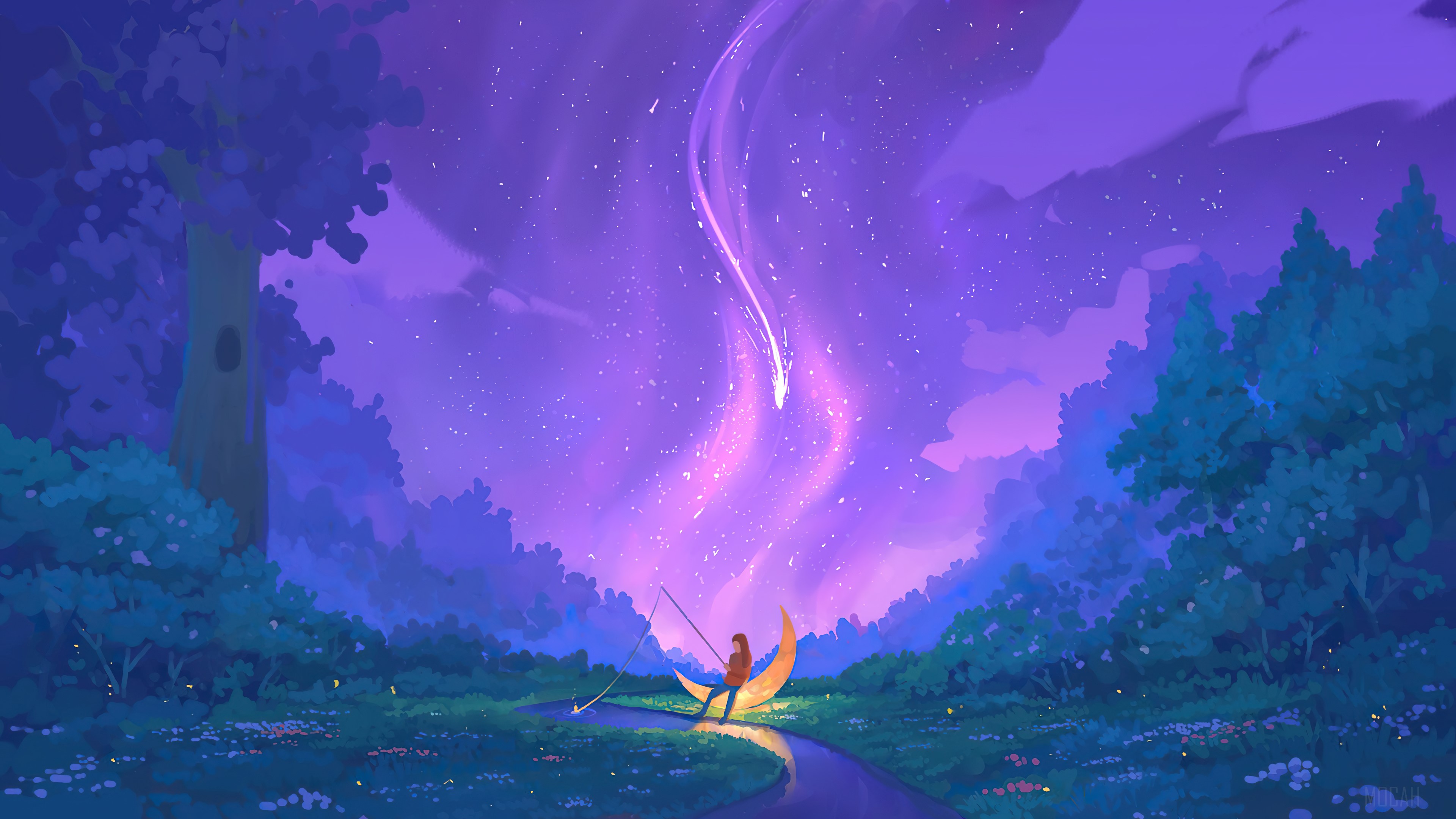 Girl fishing on a crescent moon under a shooting star HD Wallpaper