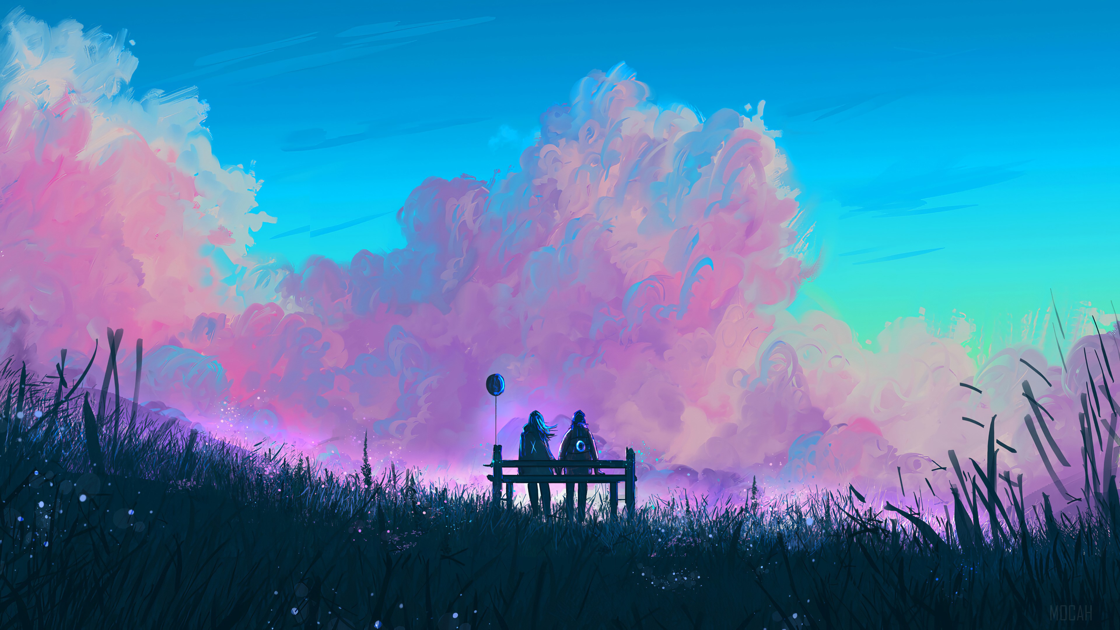 Couple sitting on a bench with a balloon, watching clouds HD Wallpaper