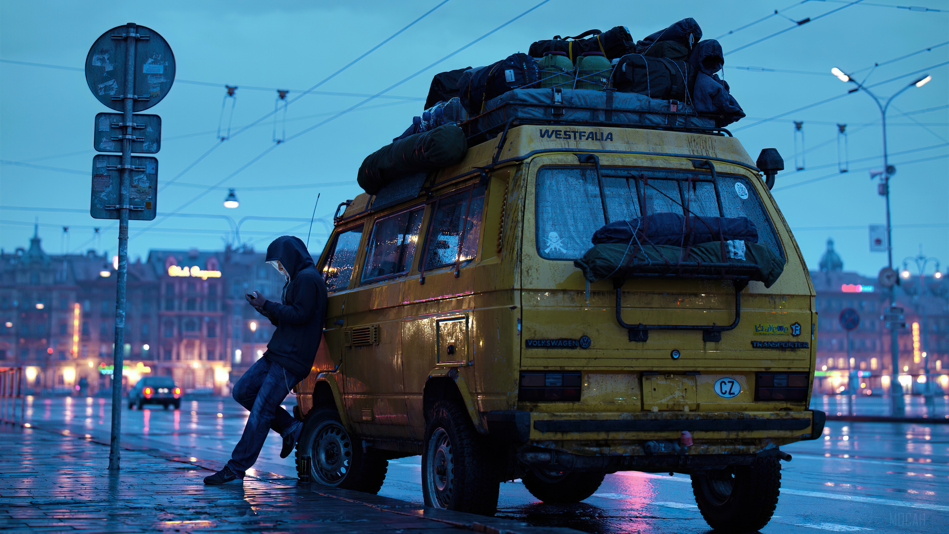 Yellow Westfalia Van at Night with Camper HD Wallpaper
