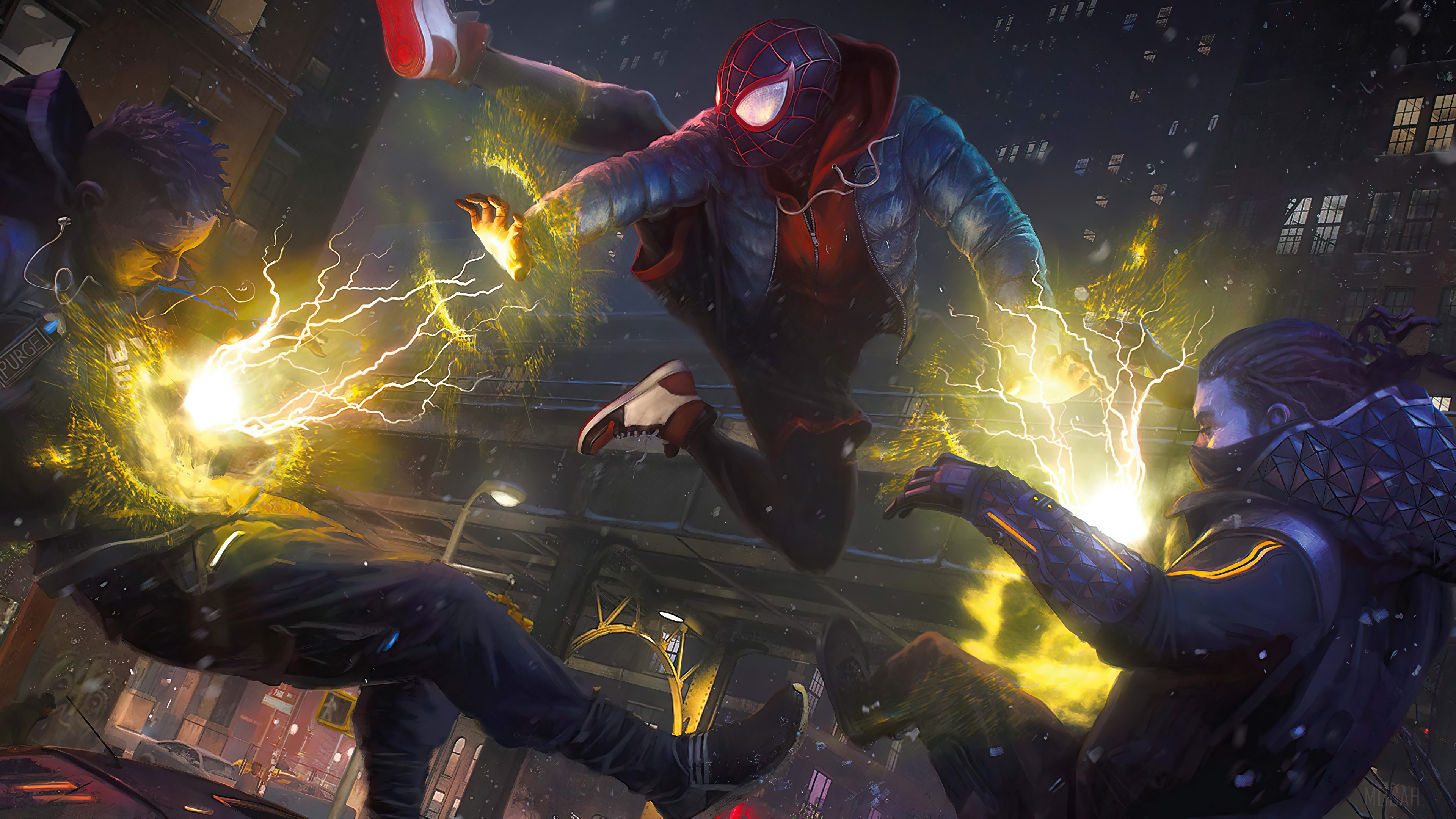 Miles Morales from Marvel's Spider-Man fighting enemies with Venom Strike 4K HD Wallpaper