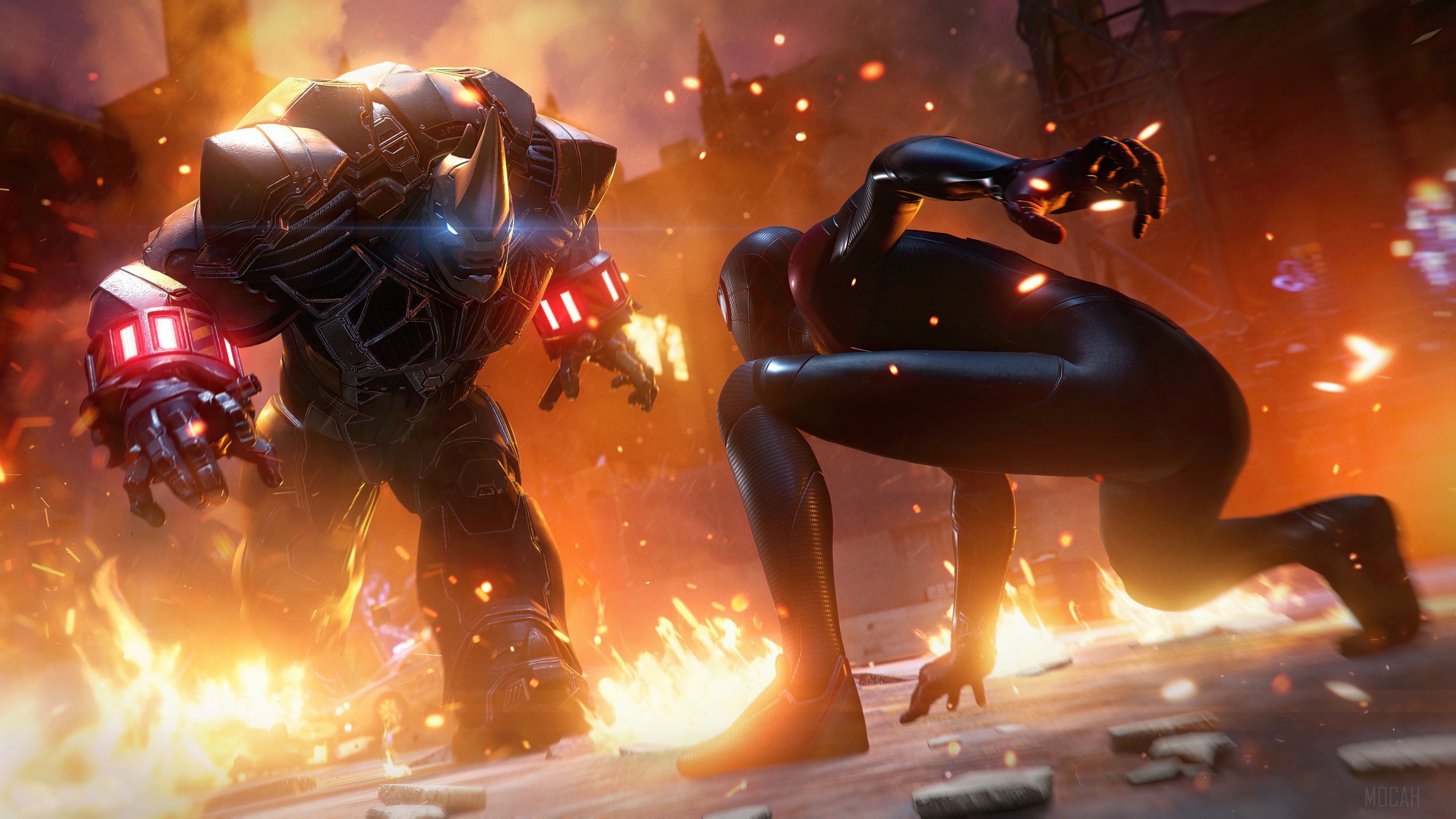 Spider-Man from Marvel's Spider-Man: Miles Morales fighting Rhino HD Wallpaper