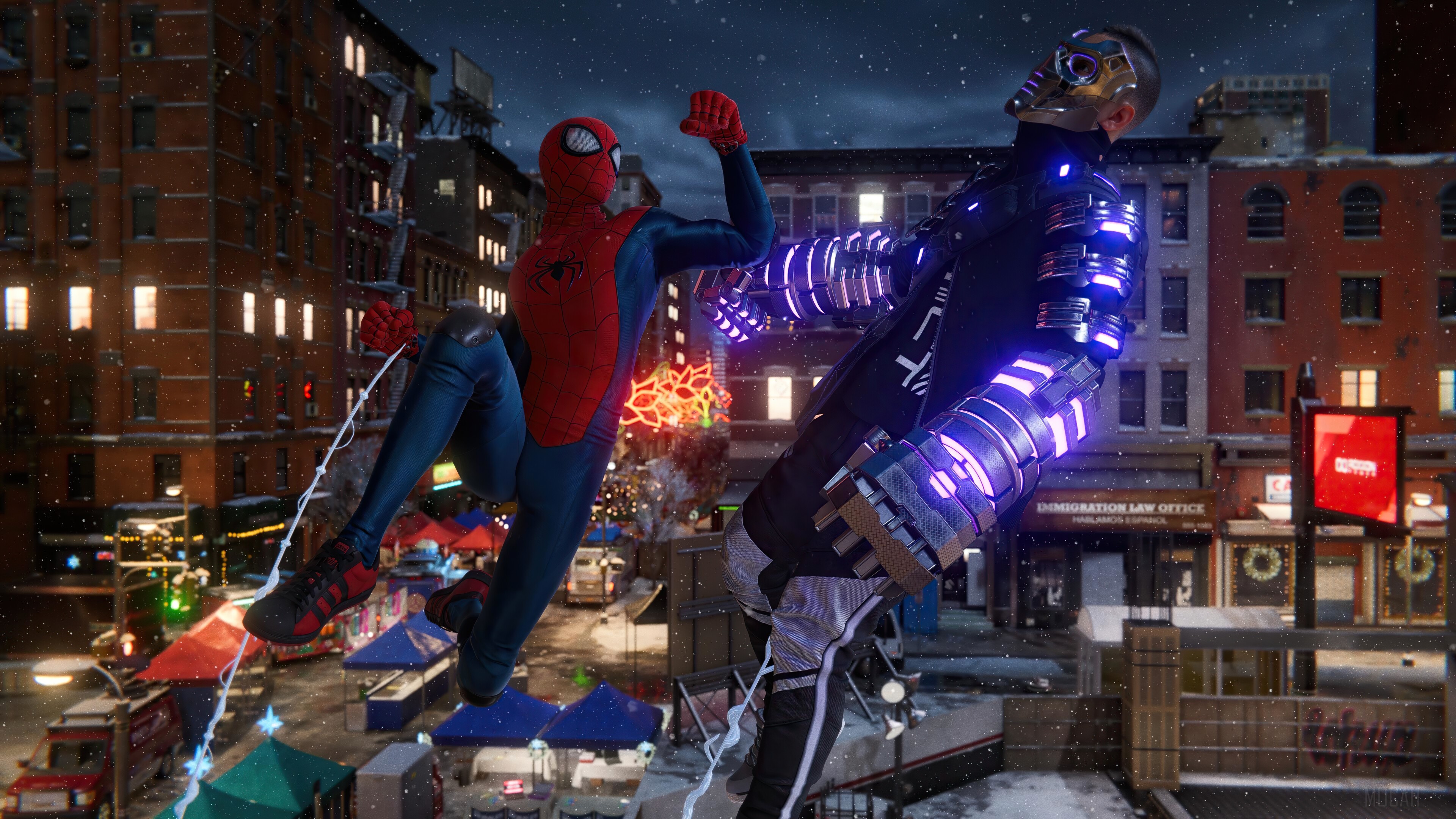 Spider-Man from Marvel's Spider-Man: Miles Morales fighting in a city HD Wallpaper