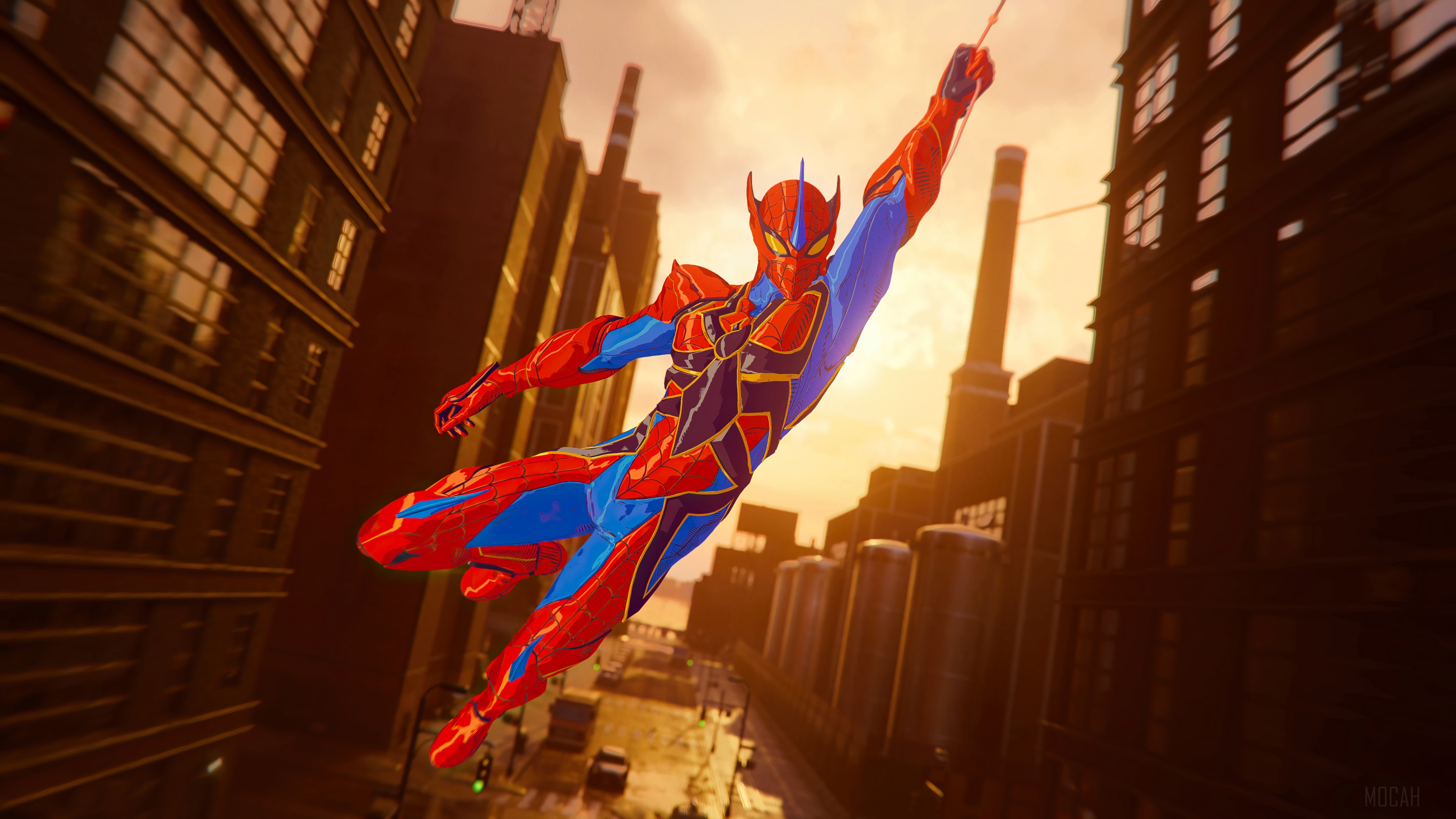 Spider-Man in Arachnid Rider Suit swinging through city HD Wallpaper