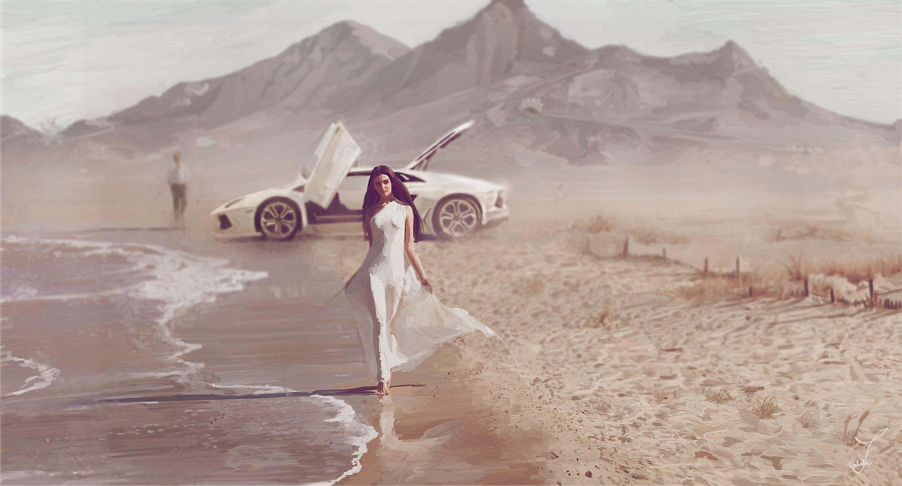Woman in white dress on a beach with a white Lamborghini HD Wallpaper