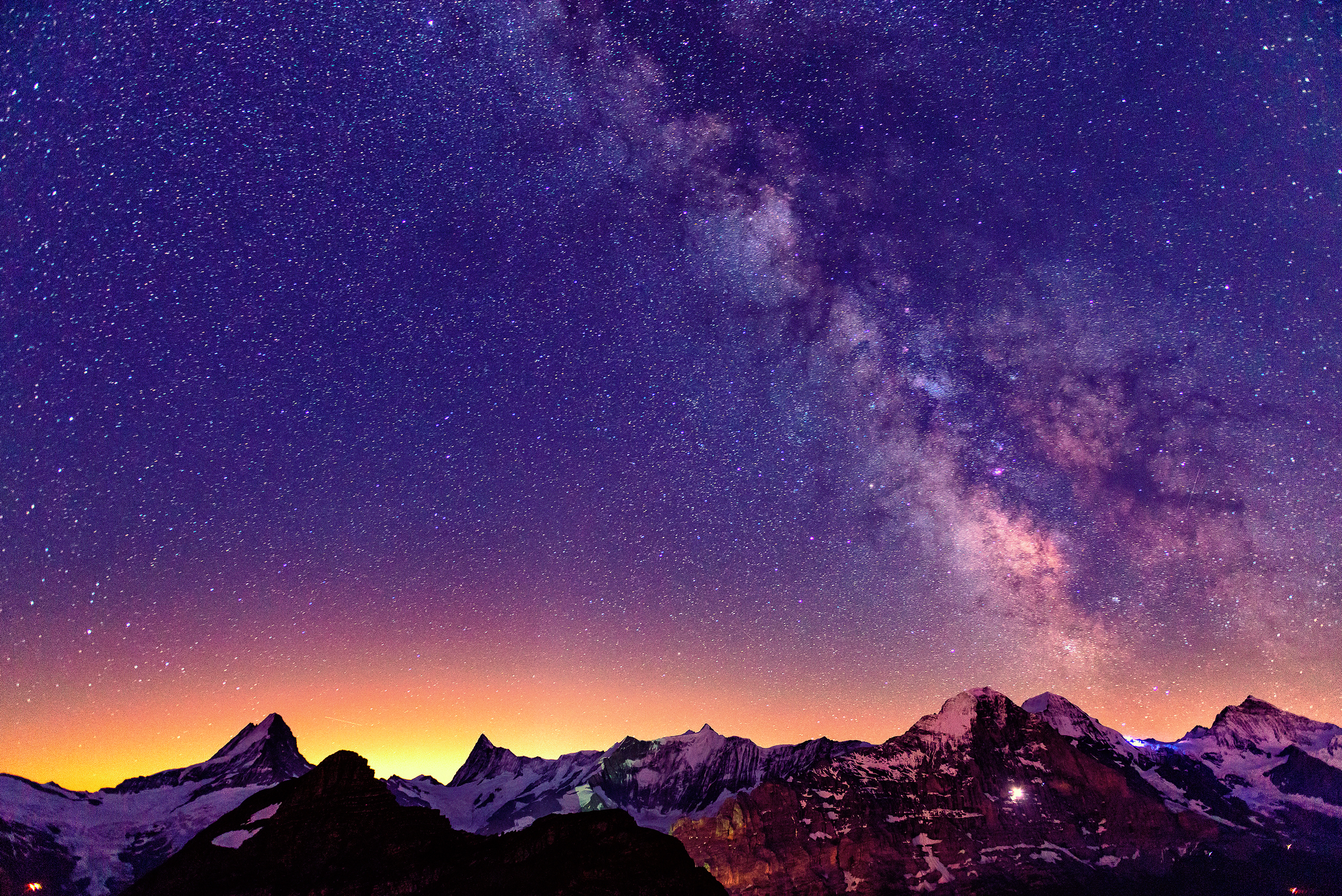 Milky Way over snow-capped mountains in Switzerland HD Wallpaper