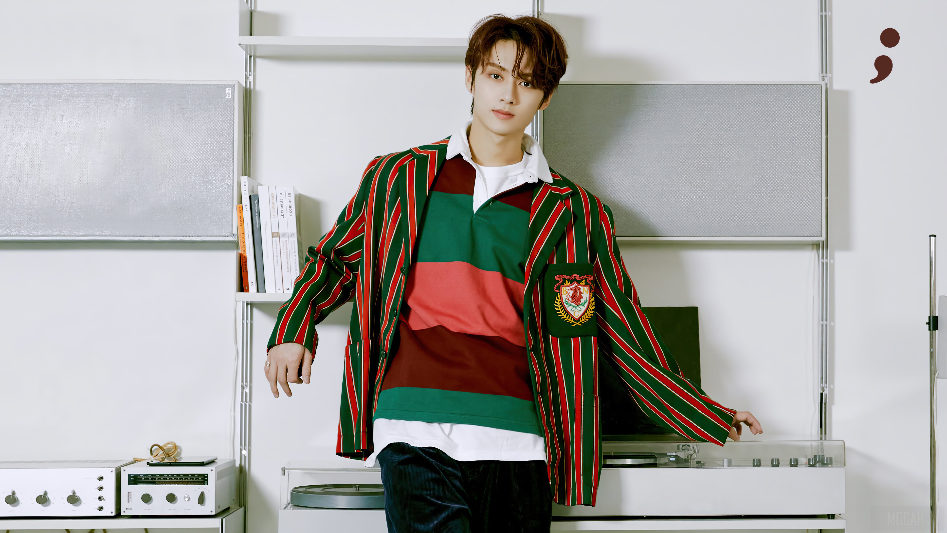 Jun from Seventeen wearing a striped blazer and rugby shirt HD Wallpaper