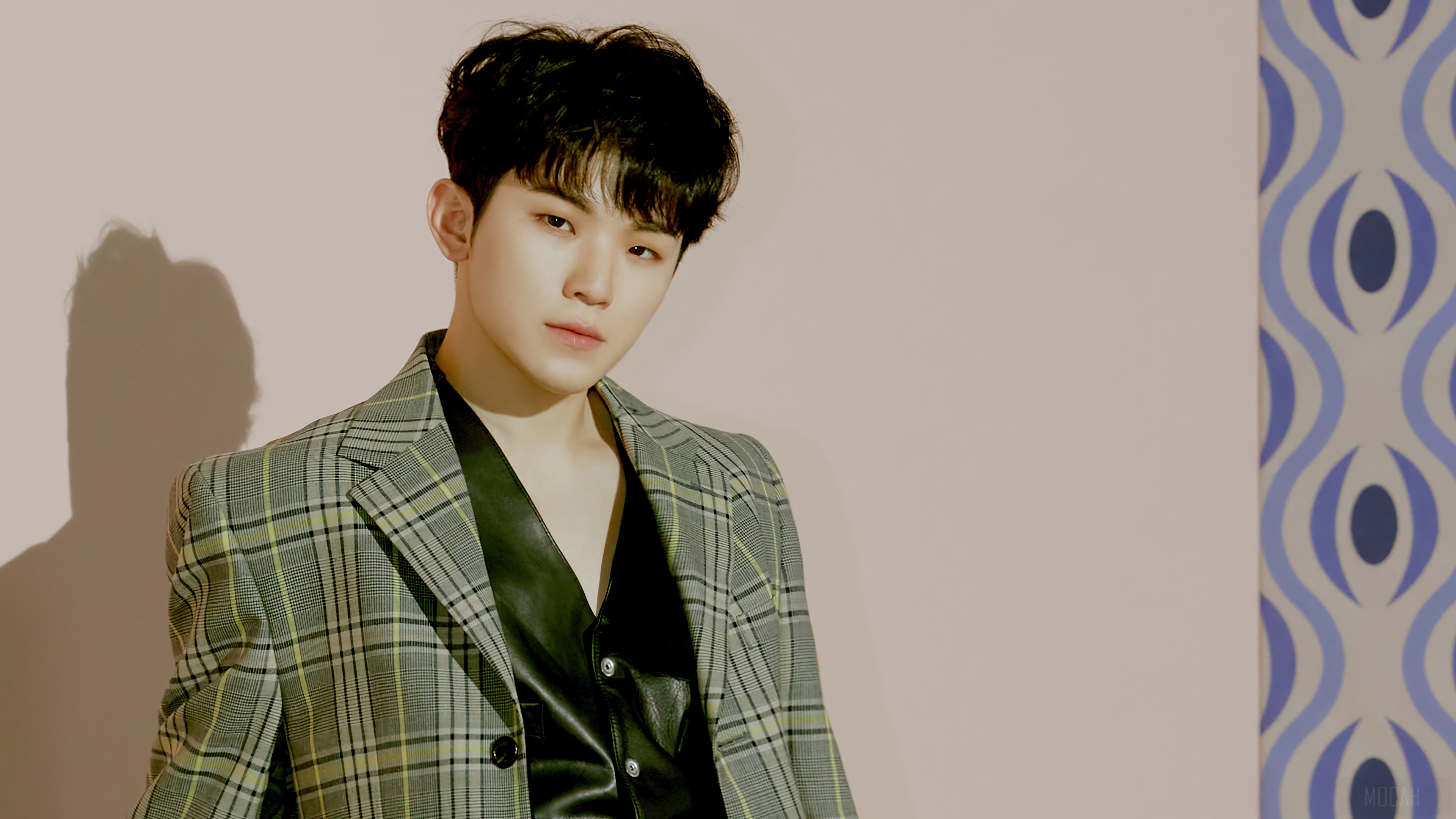 Woozi from Seventeen wearing a plaid jacket HD Wallpaper
