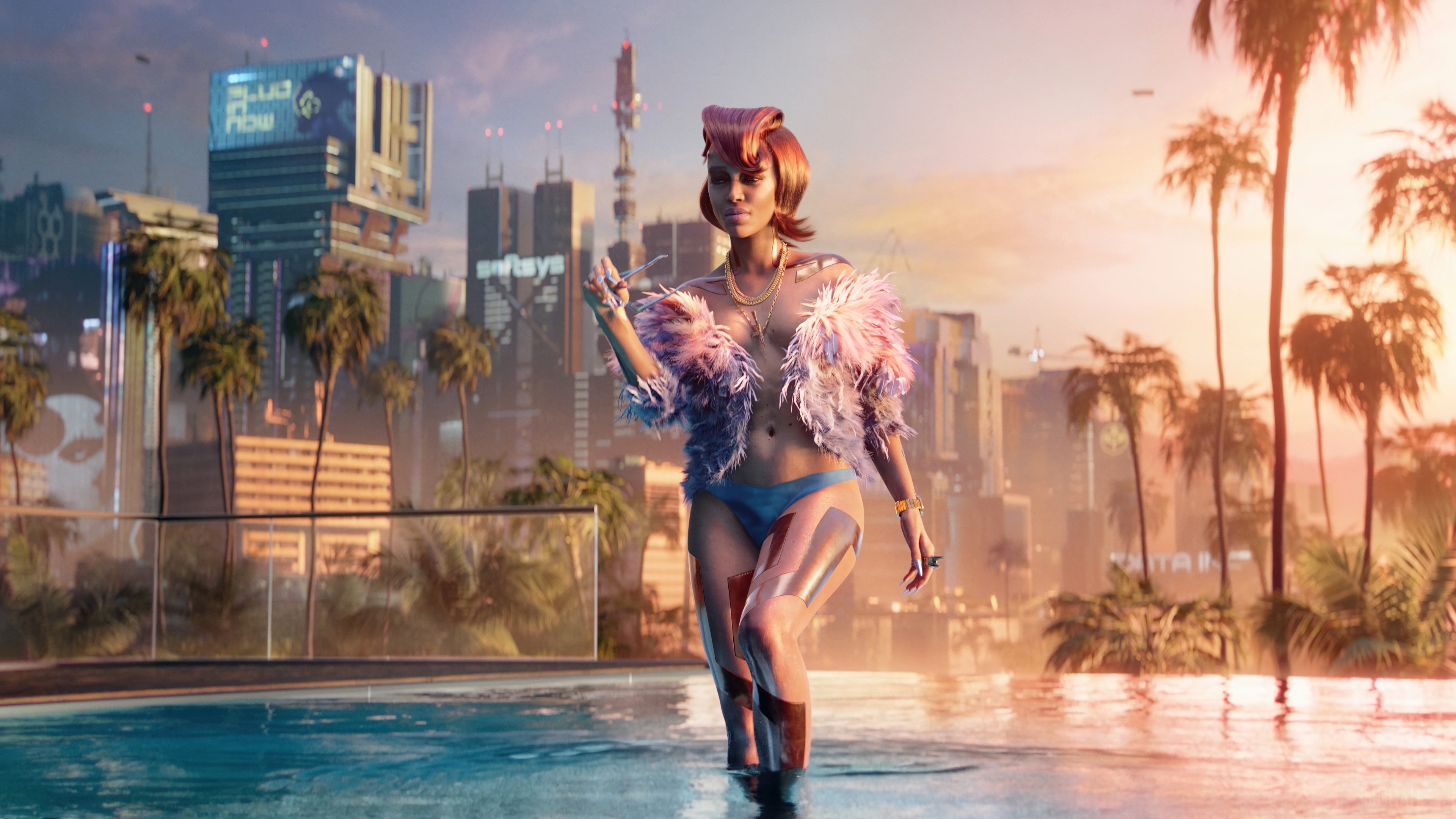 Girl in bikini by a pool in Cyberpunk 2077 city 4K HD Wallpaper