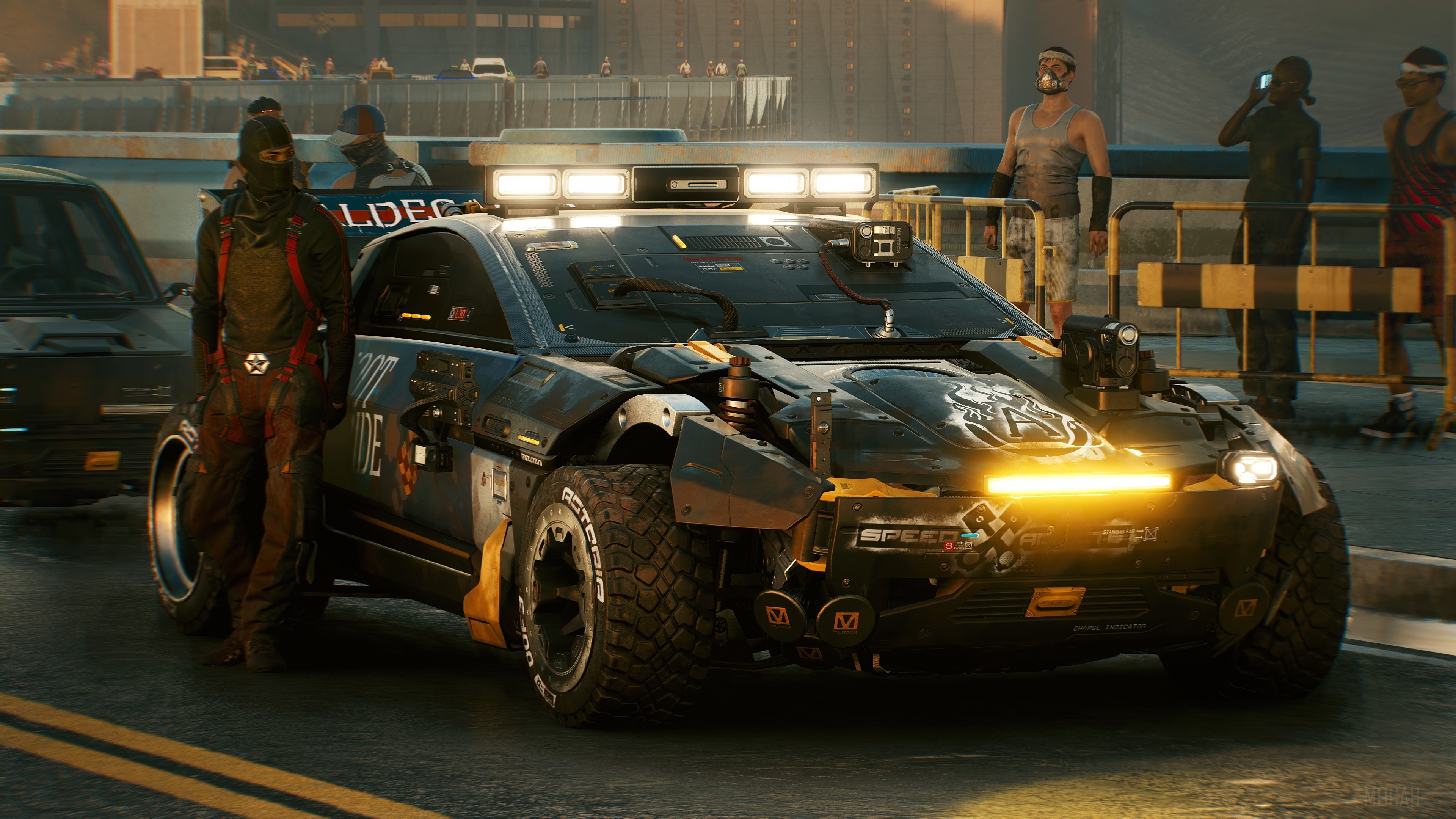 Cyberpunk 2077 sports car with people HD Wallpaper