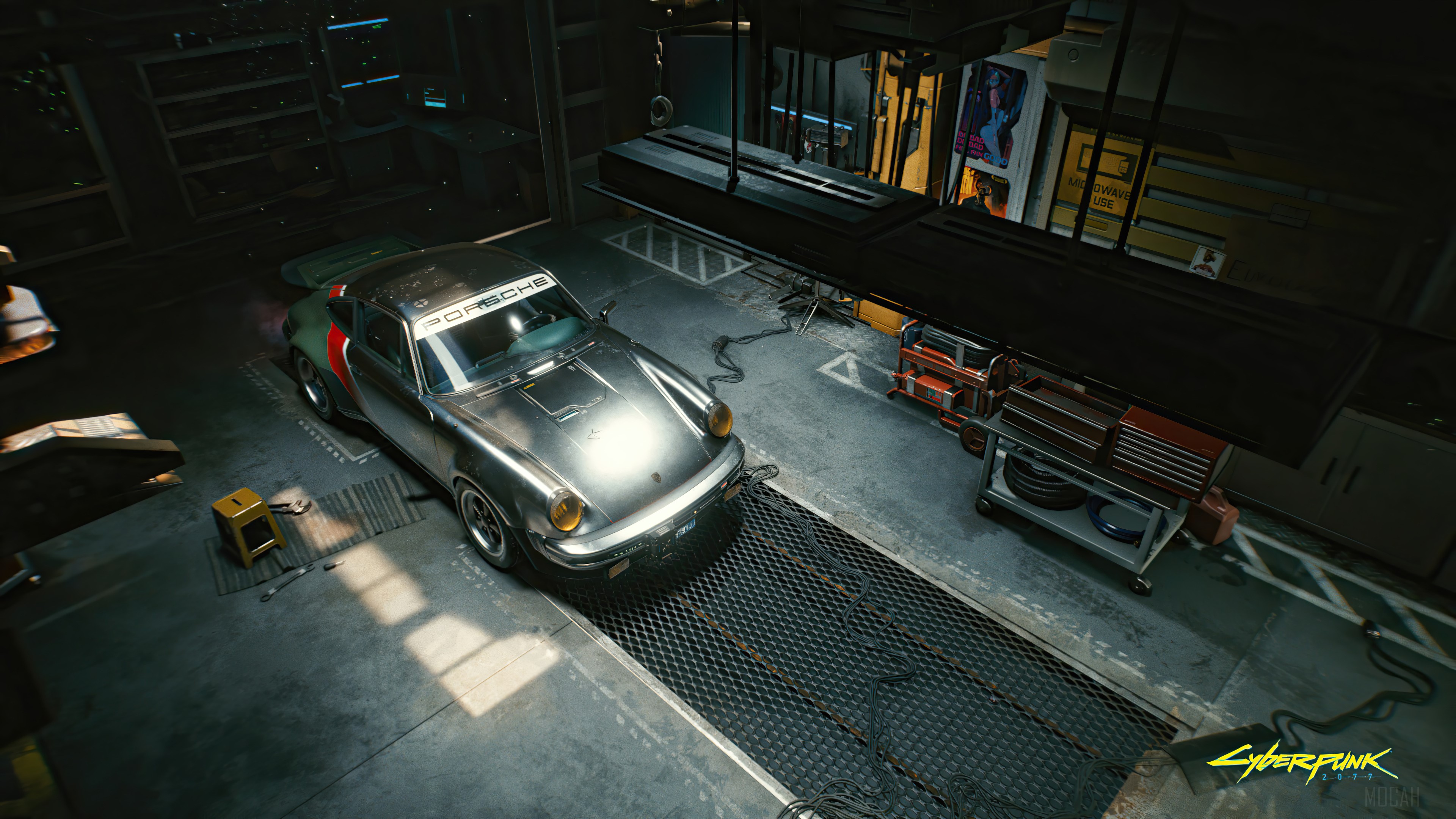 Porsche car in Cyberpunk 2077 garage 4K HD Wallpaper