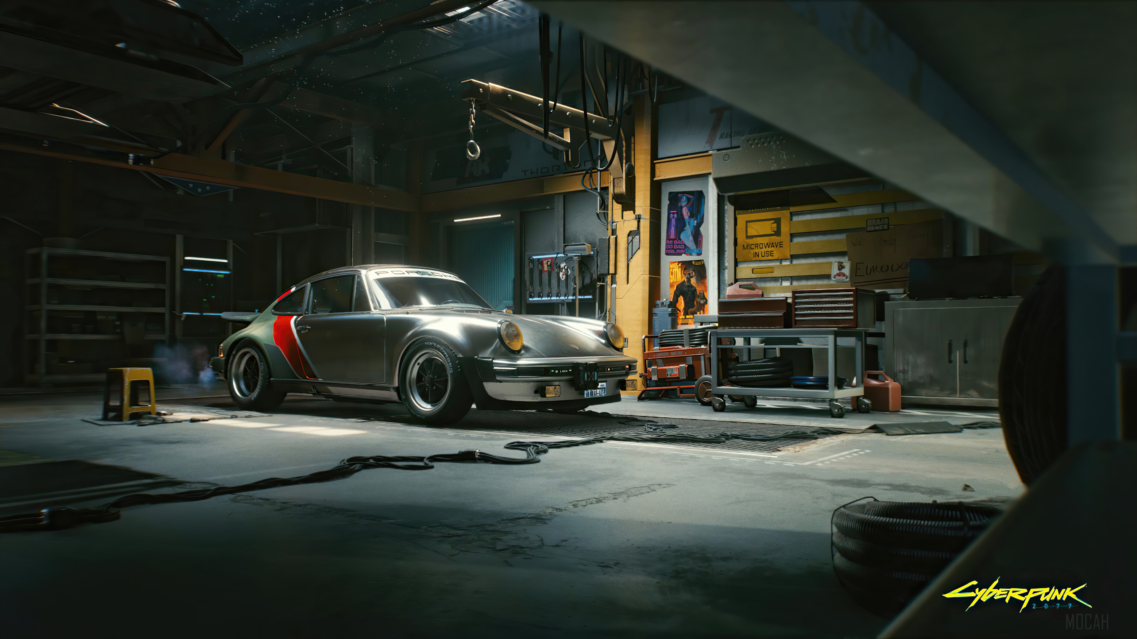 Cyberpunk 2077 Porsche car in garage 4K HD Wallpaper