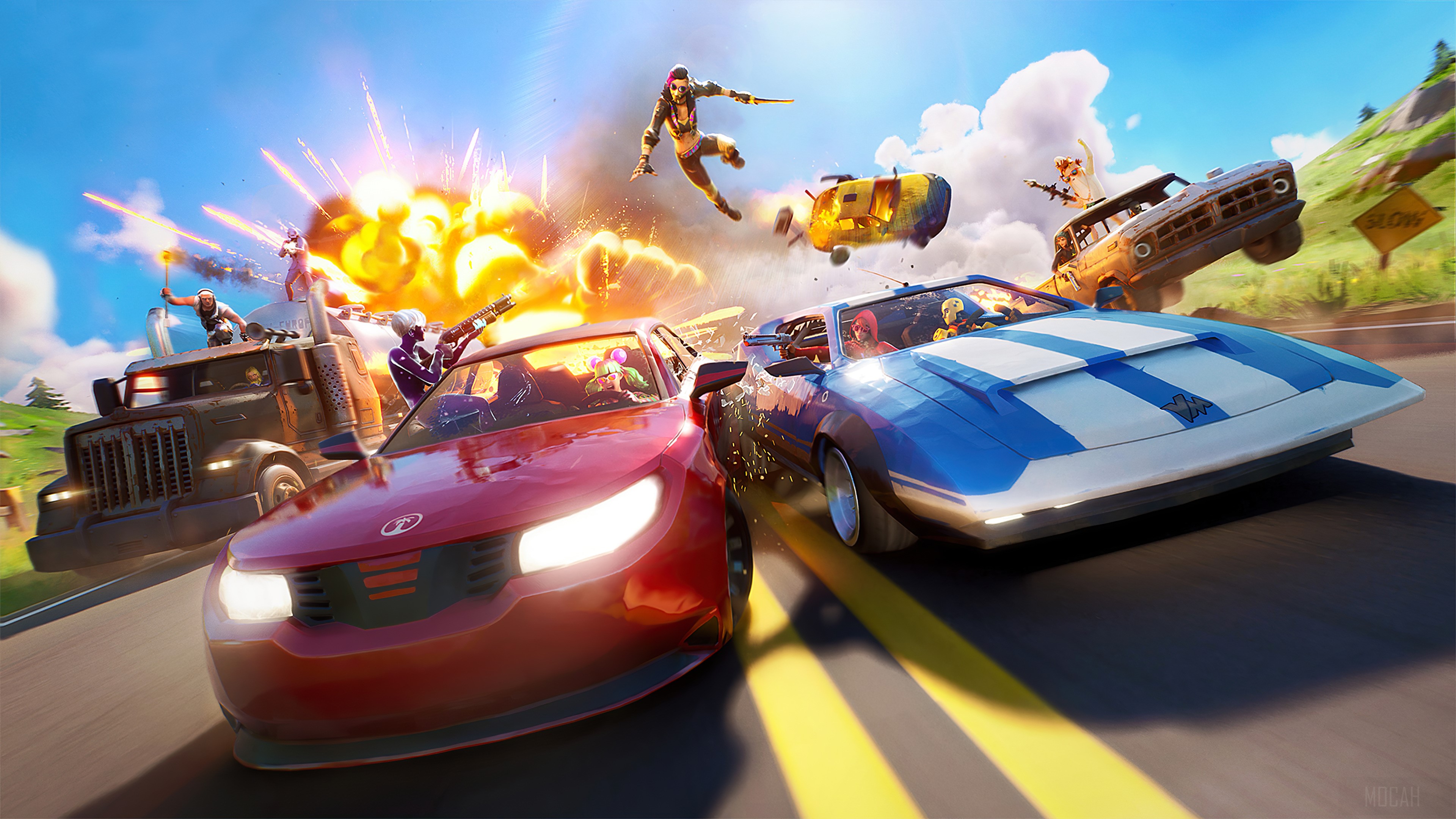 Fortnite Intense Car Chase Explosion 4K HD Wallpaper