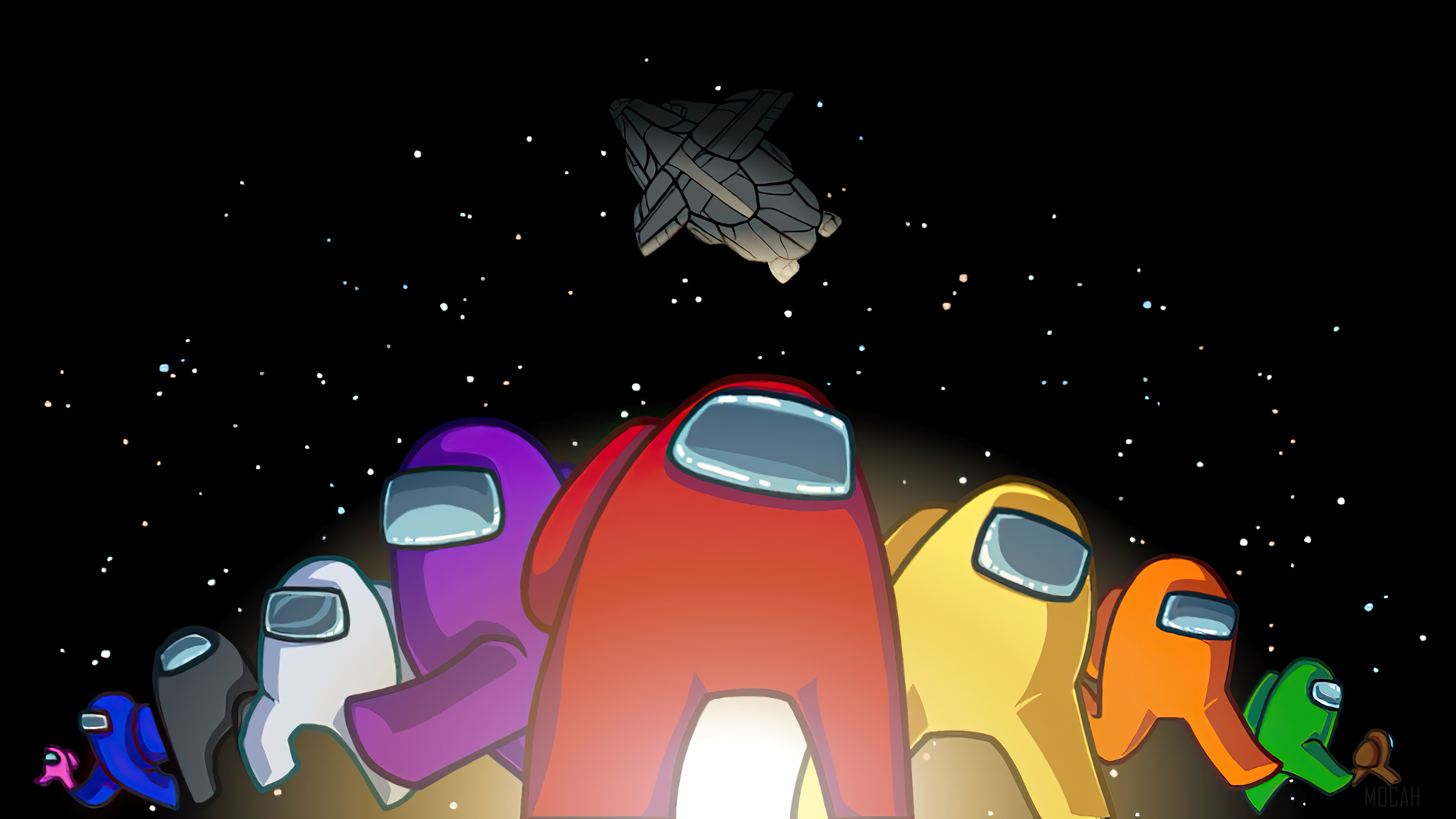 Among Us Crewmates in Space with Spaceship HD Wallpaper