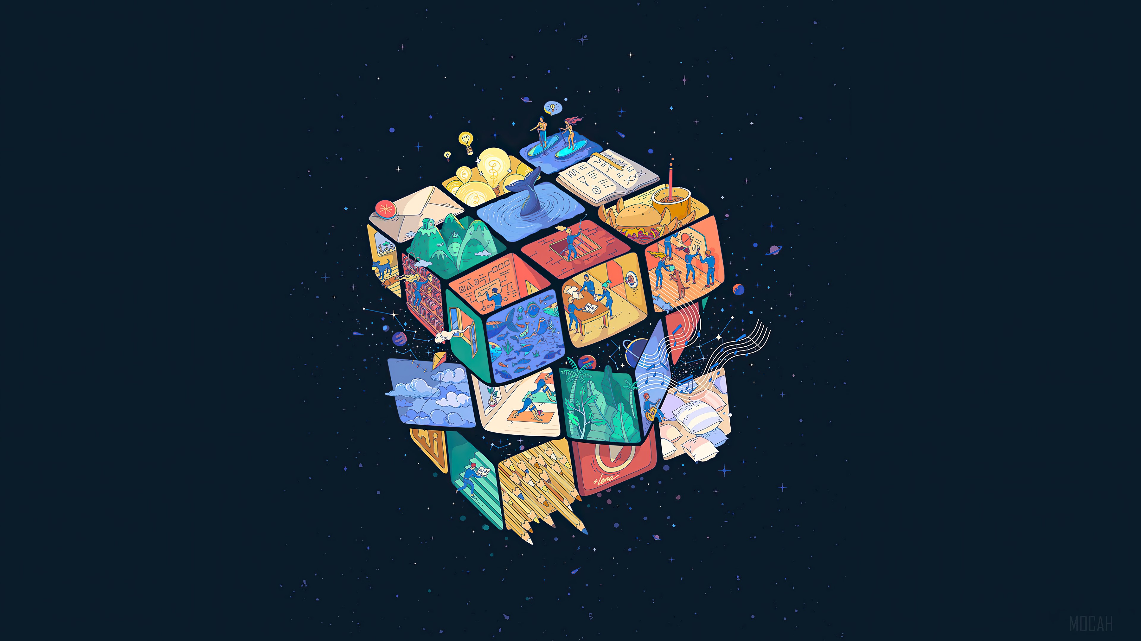 Rubiks Cube with scenes inside each square 4K HD Wallpaper