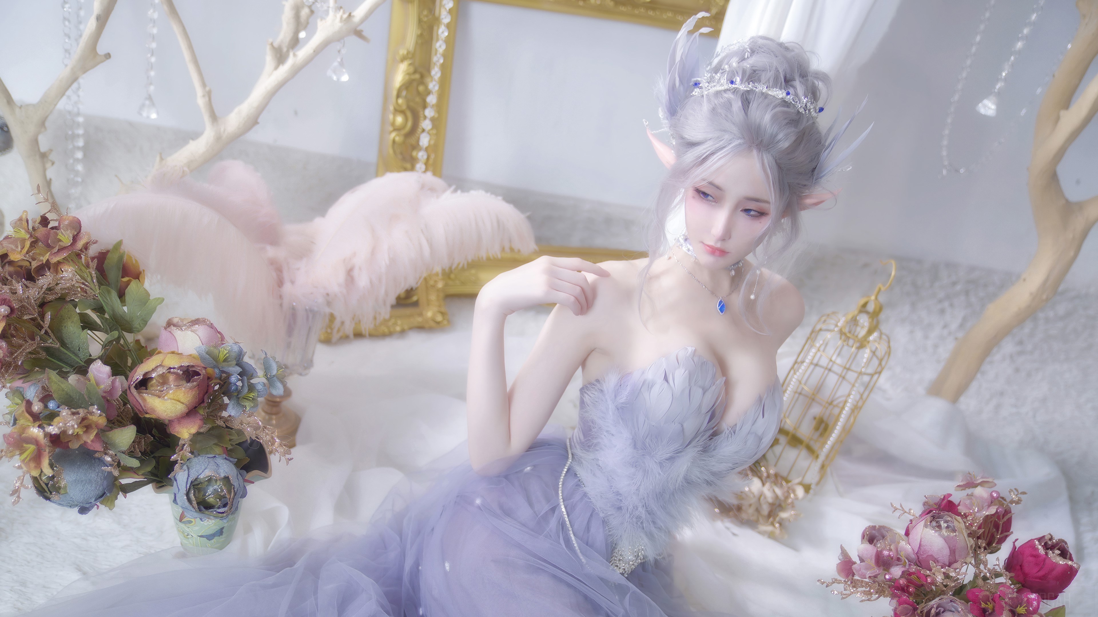 GhostBlade Elf Cosplay in Ethereal Purple Dress 4K HD Wallpaper