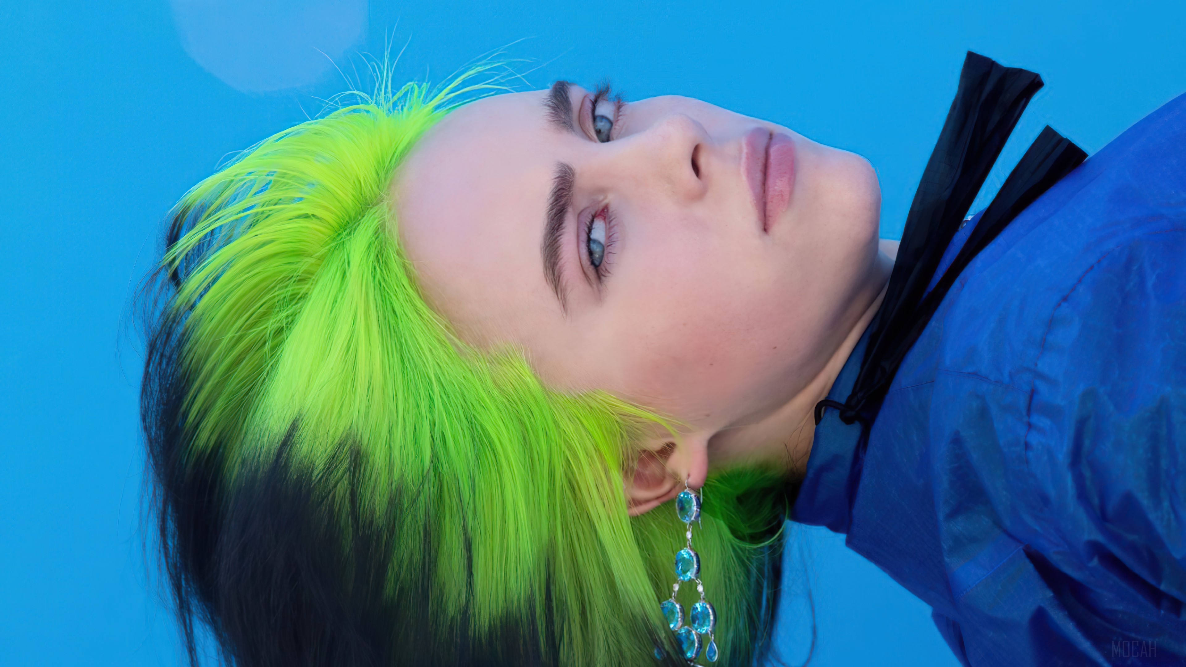 Billie Eilish in Blue Jacket with Neon Hair 4K HD Wallpaper