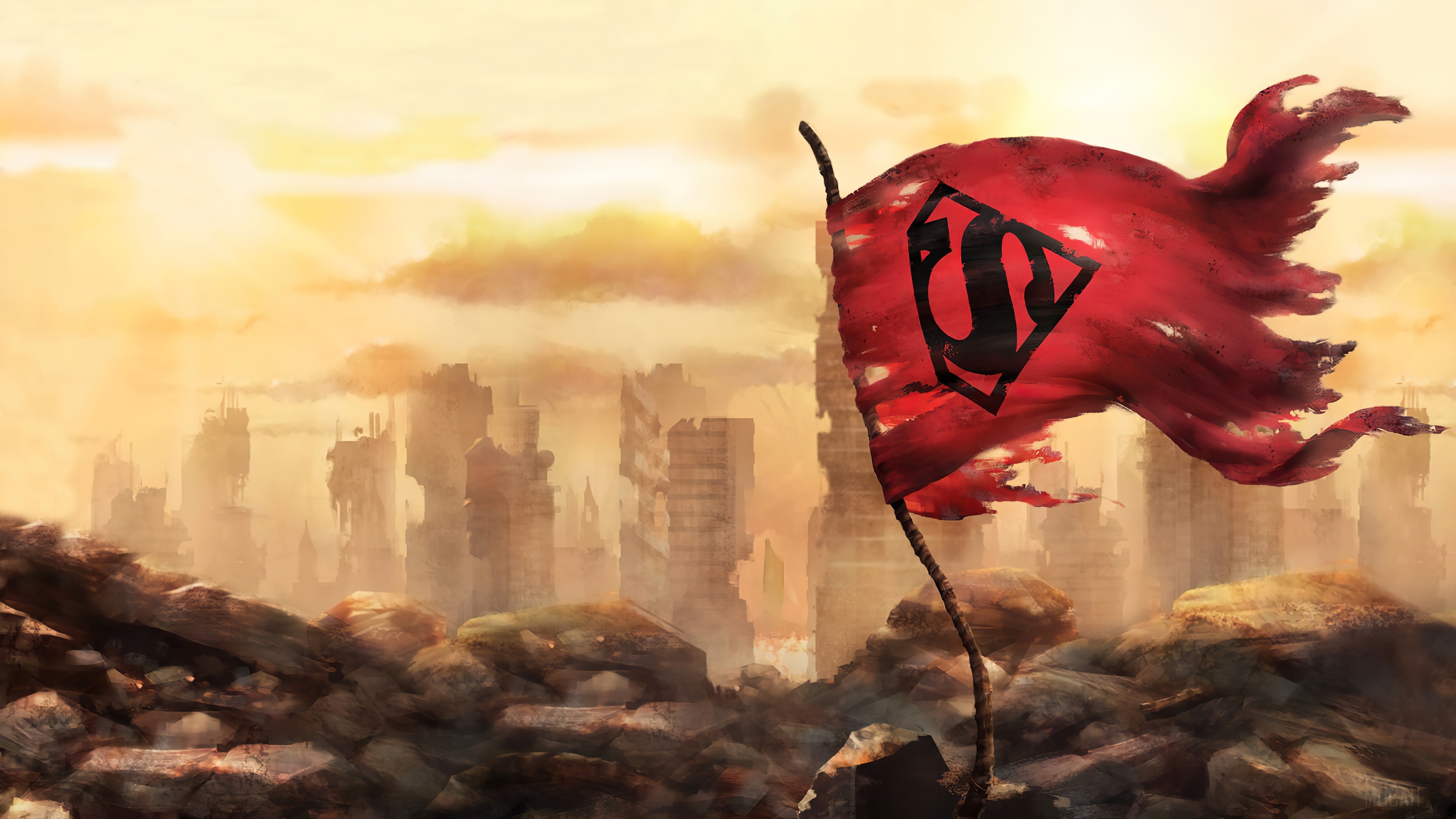 Superman Flag in Ruined City 4K HD Wallpaper