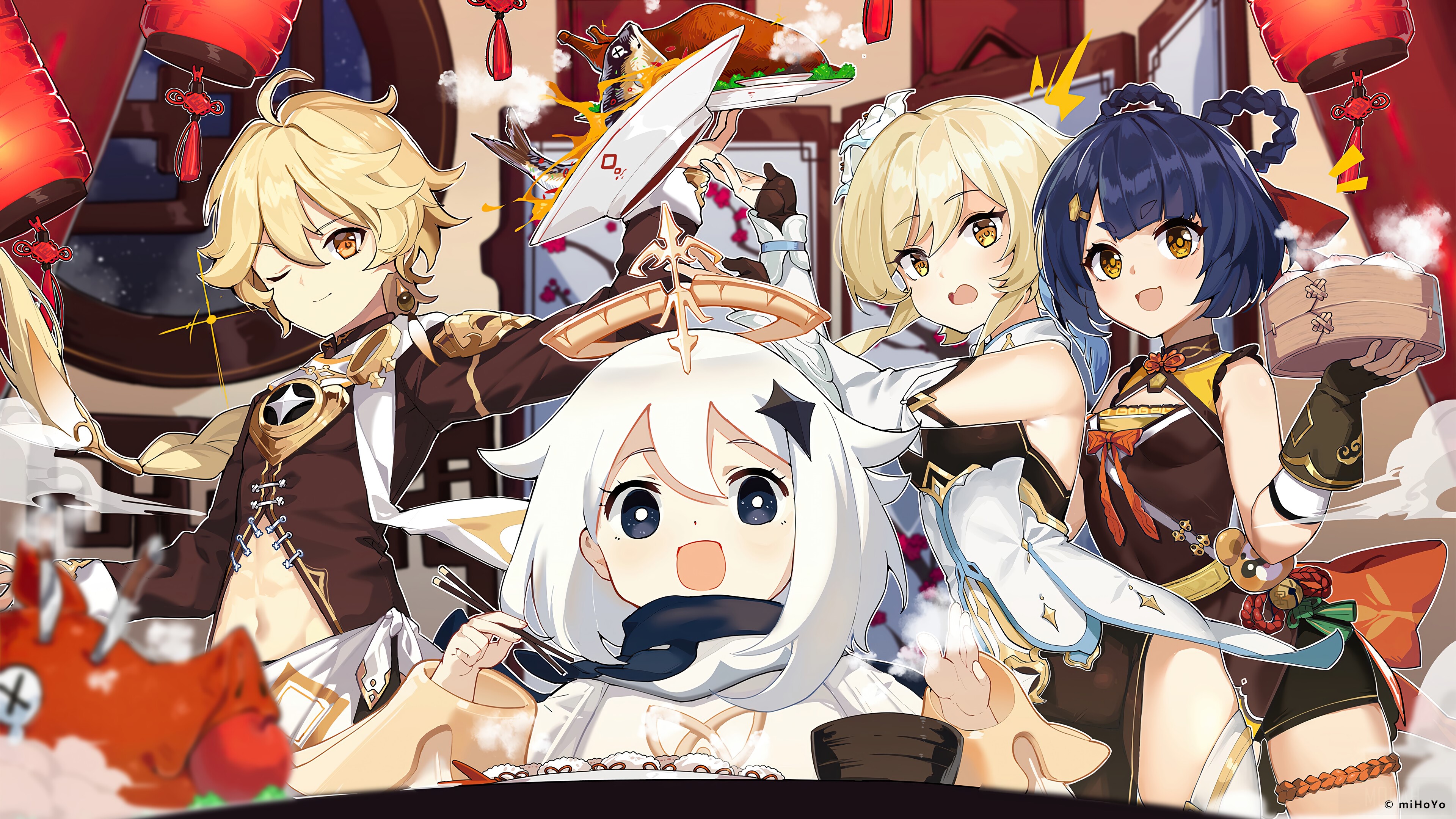 Genshin Impact characters Paimon, Traveler, and Xiangling eating HD Wallpaper