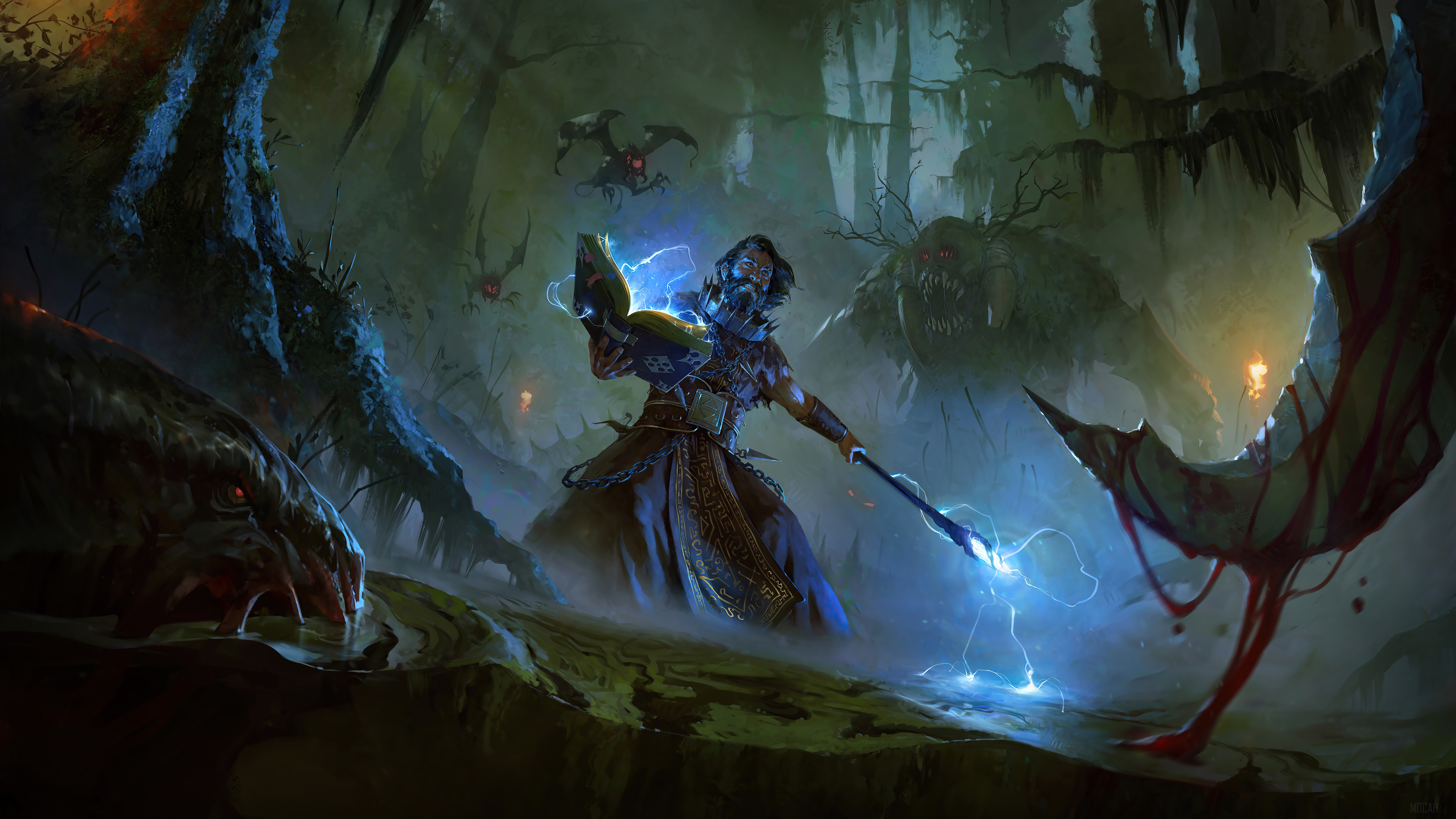 Wizard casting spell in swamp with monsters HD Wallpaper