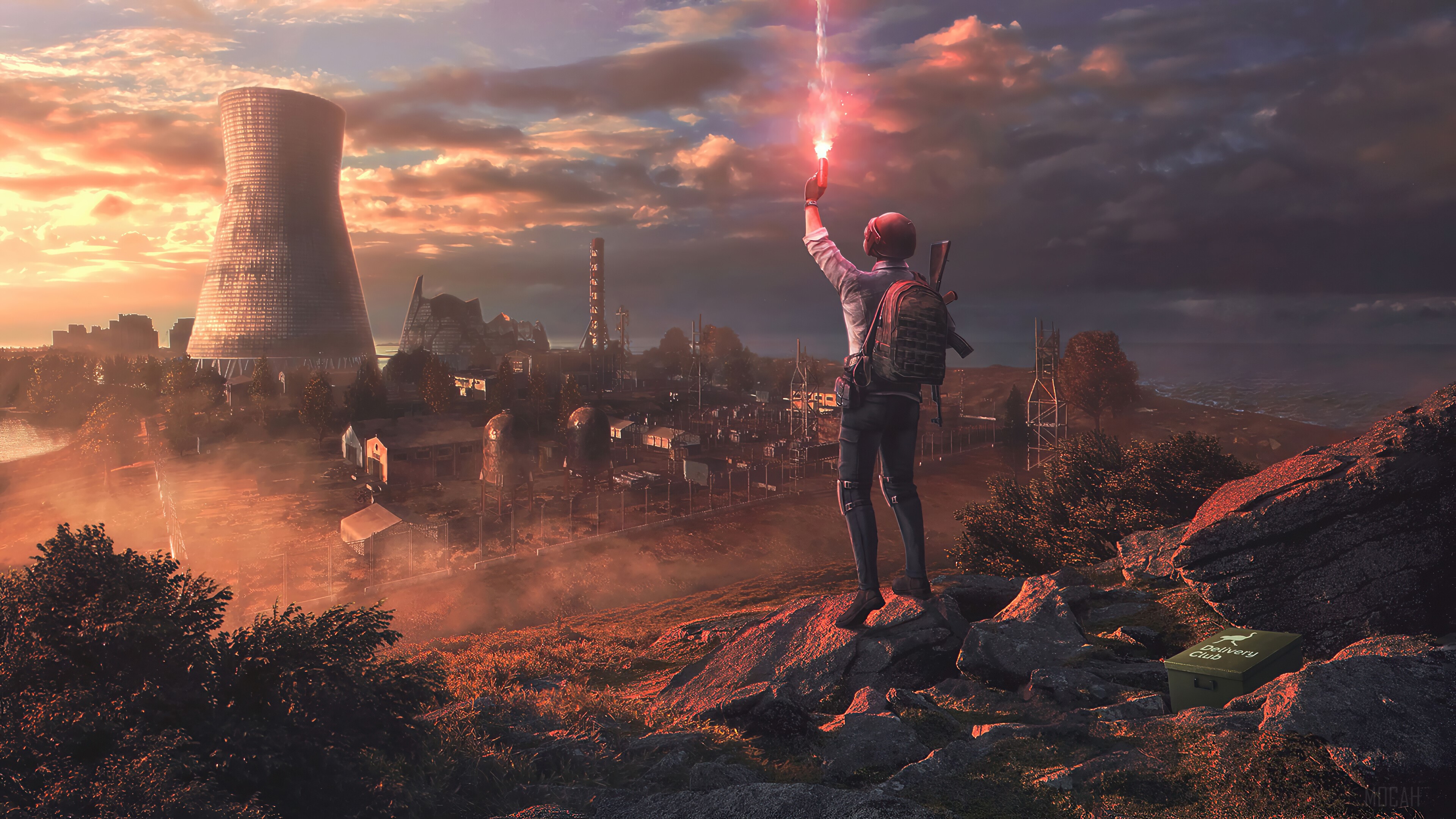 Player from PUBG holding a flare gun with cooling towers HD Wallpaper