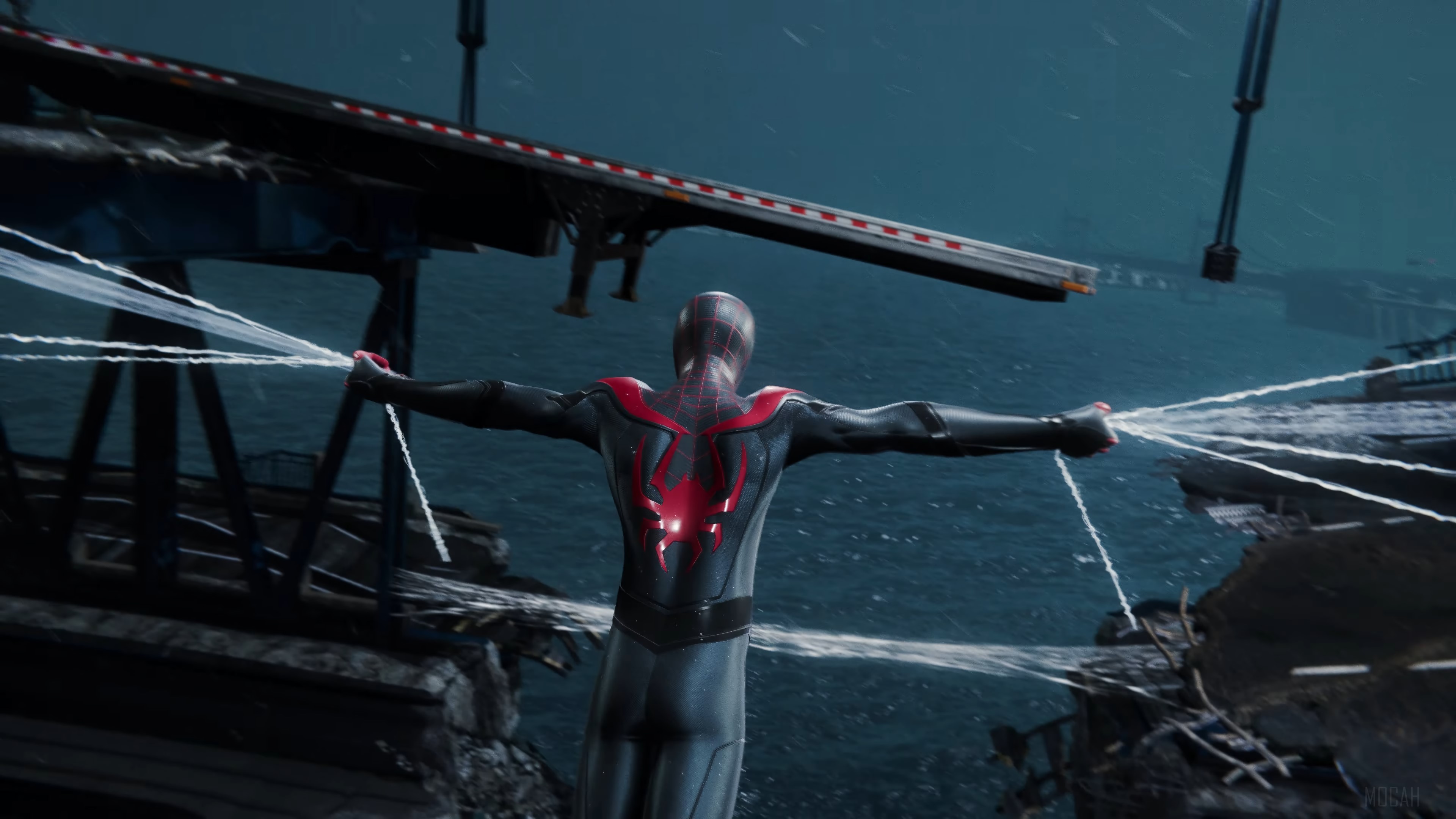 Miles Morales from Marvel's Spider-Man swinging on webs HD Wallpaper