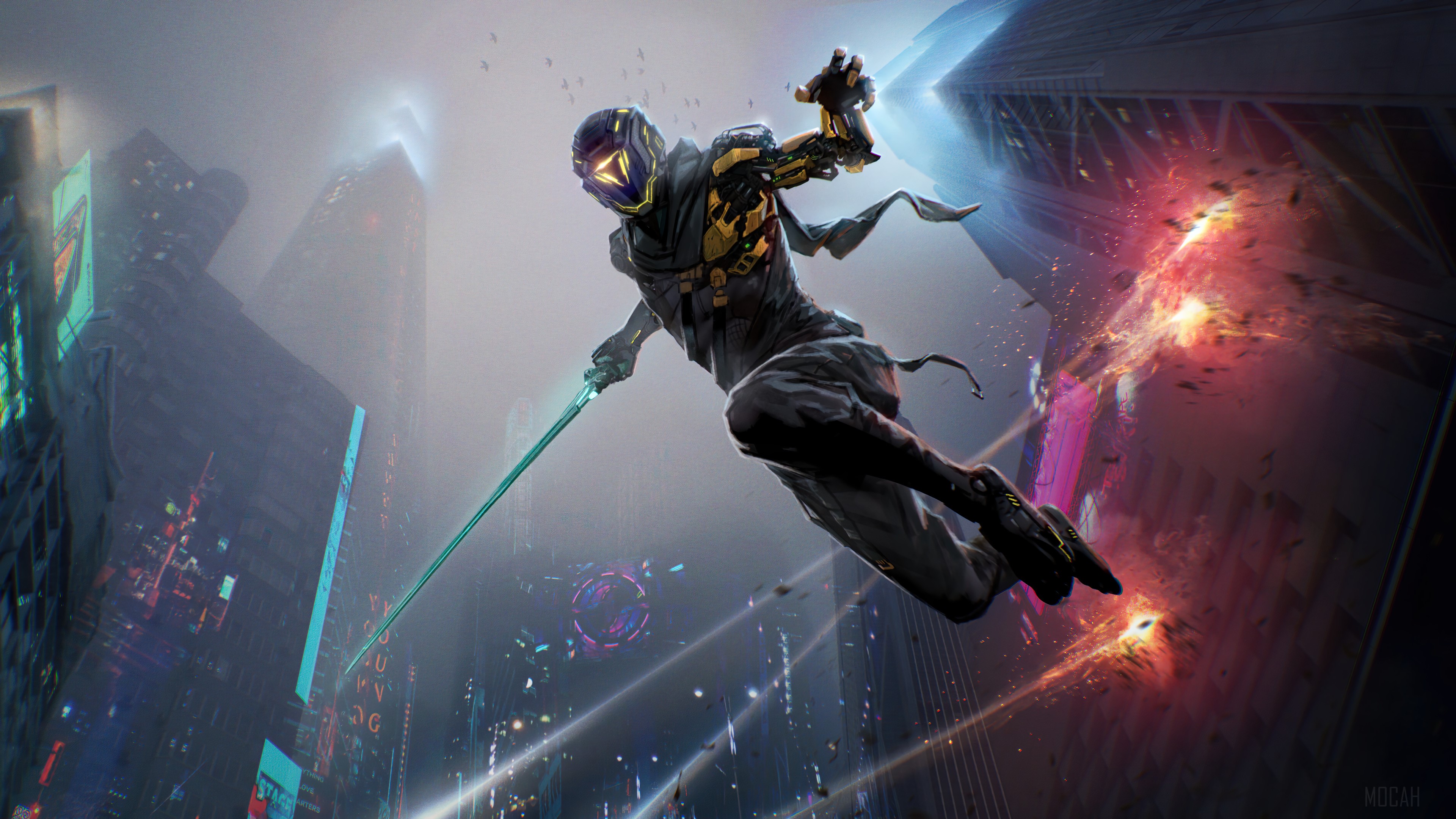 Ghostrunner in a futuristic city 4K HD Wallpaper