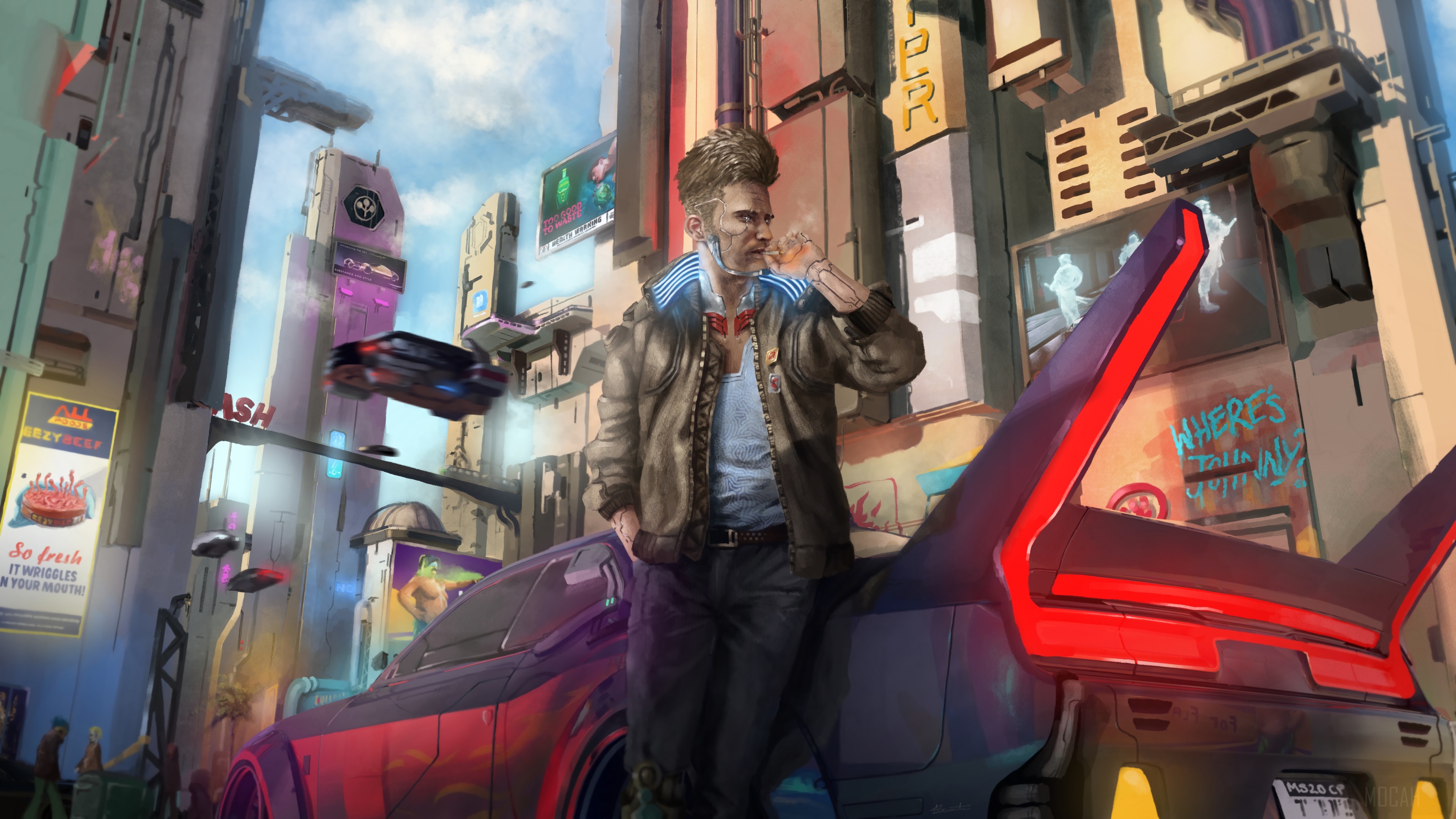 Man leaning on a futuristic car in a cyberpunk city HD Wallpaper