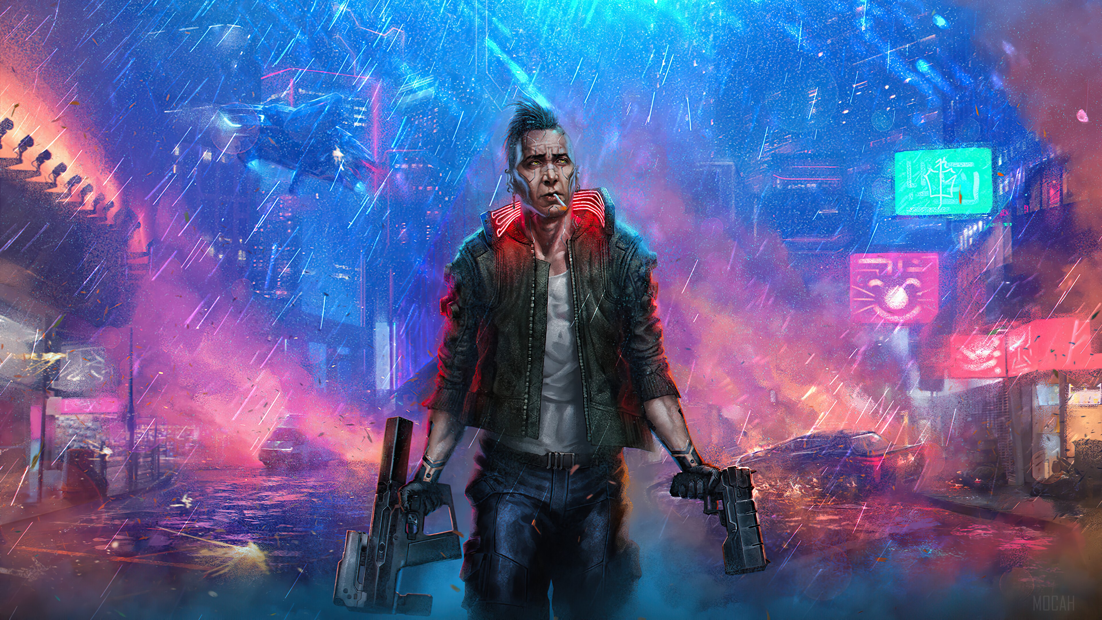 Man with guns in Cyberpunk 2077 city 4K HD Wallpaper