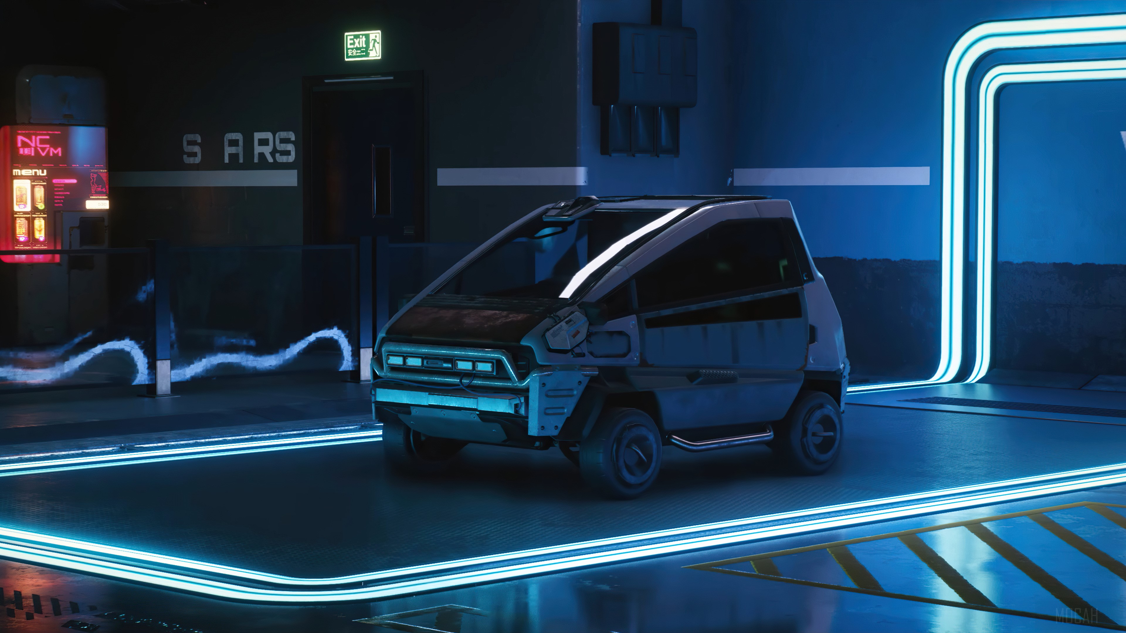 Cyberpunk 2077 car in a futuristic garage HD Wallpaper