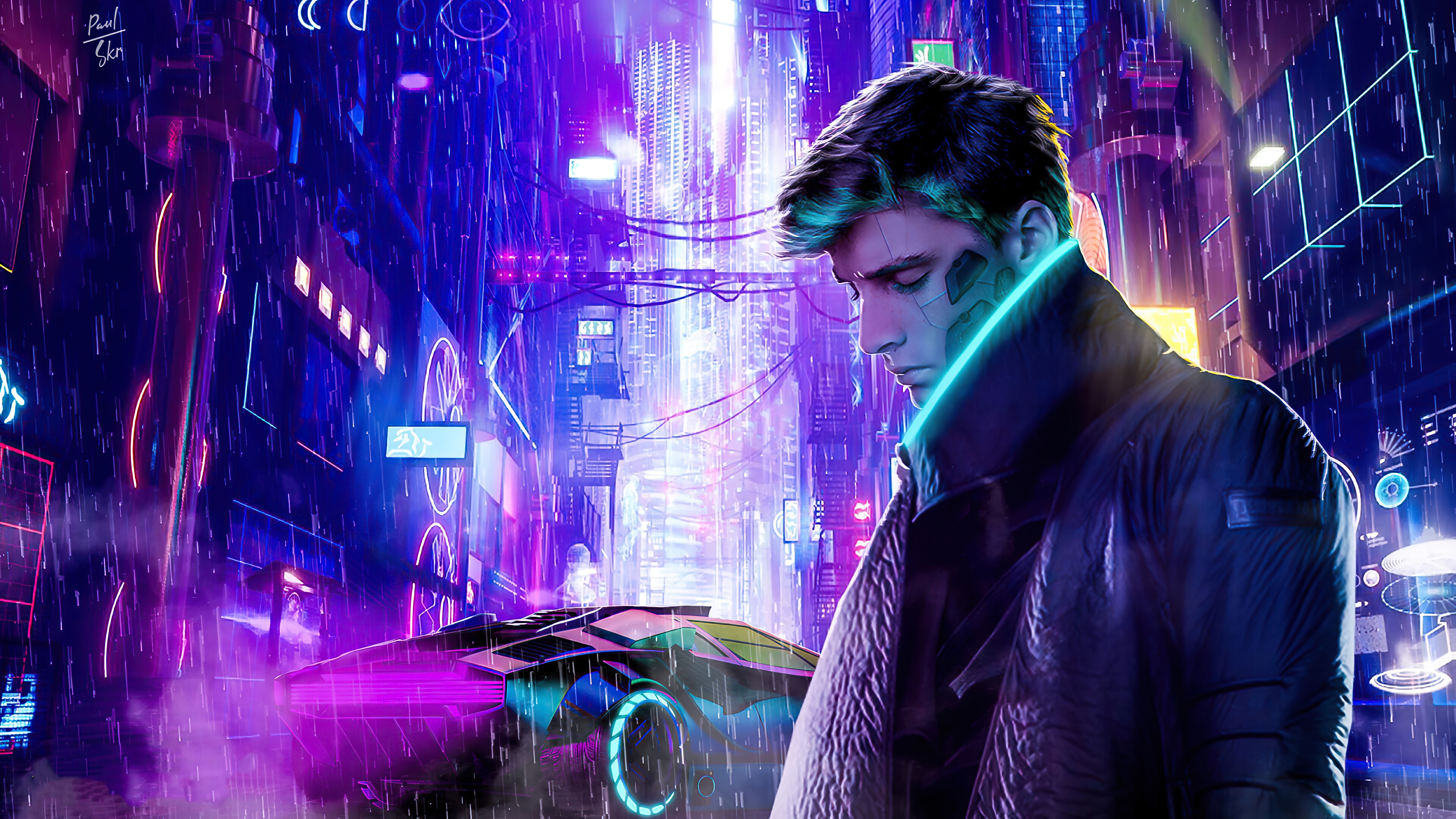 Man in Cyberpunk City 4K HD Wallpaper