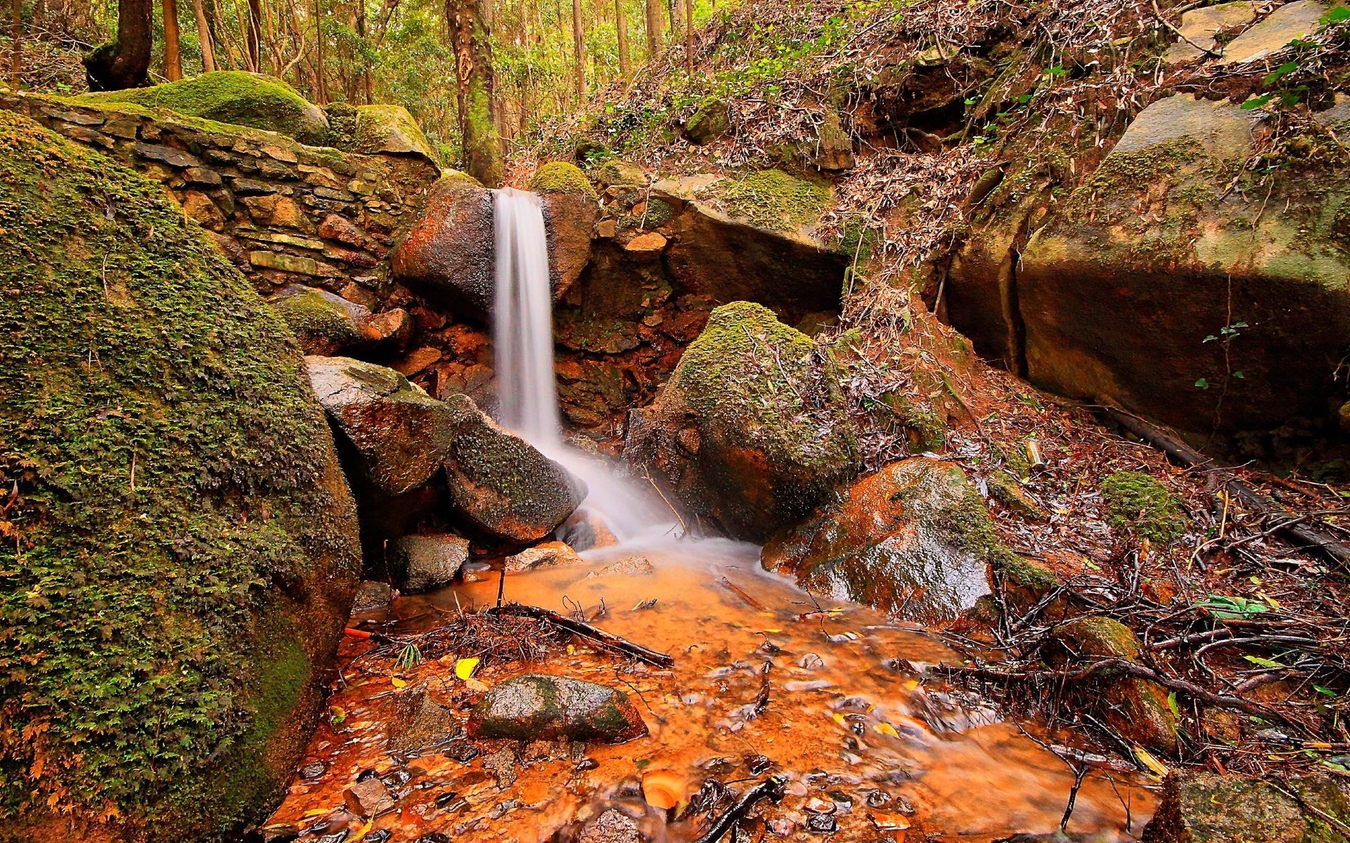 Small waterfall flowing over mossy rocks in a forest HD Wallpaper