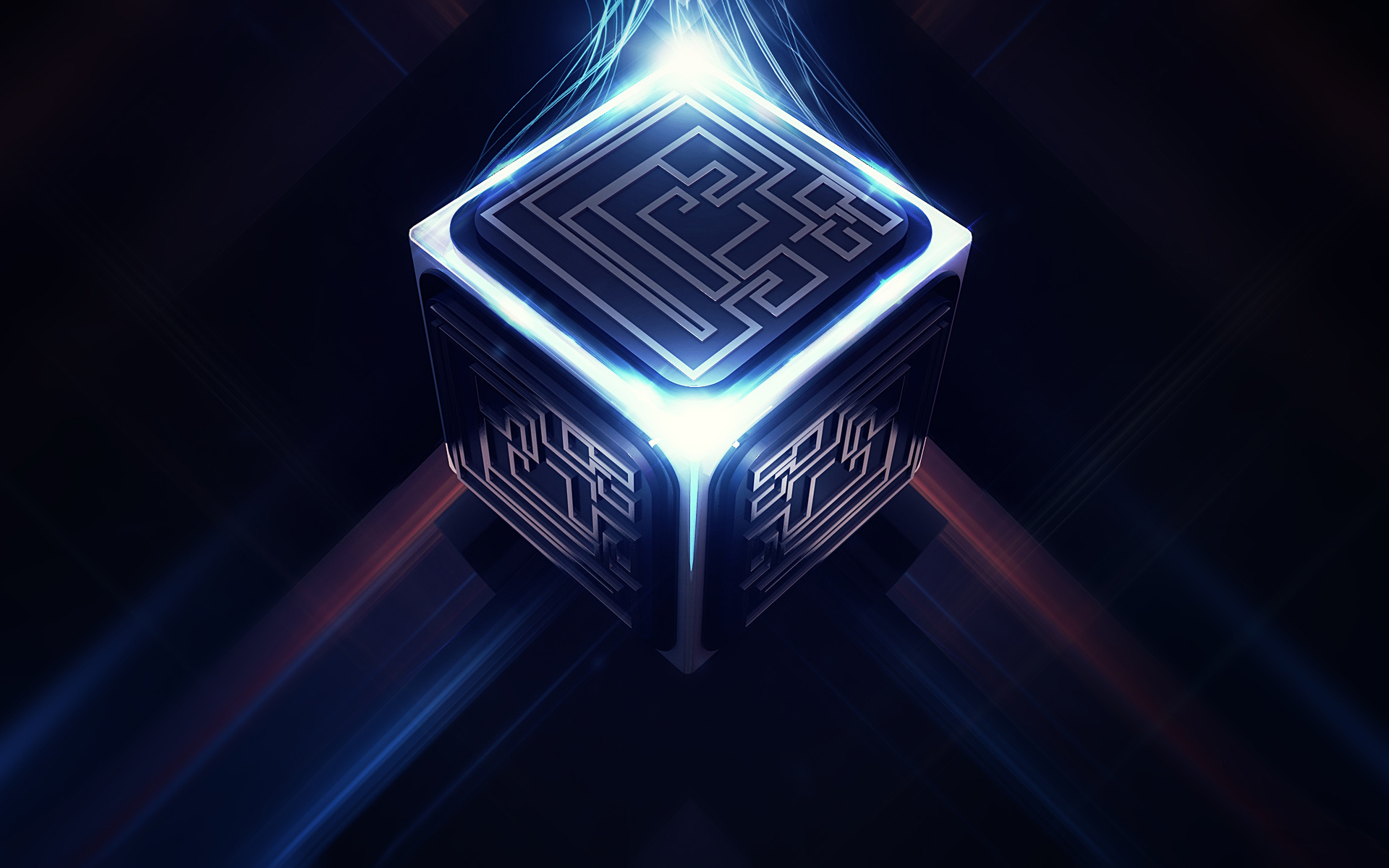 Glowing circuit cube with abstract light patterns HD Wallpaper