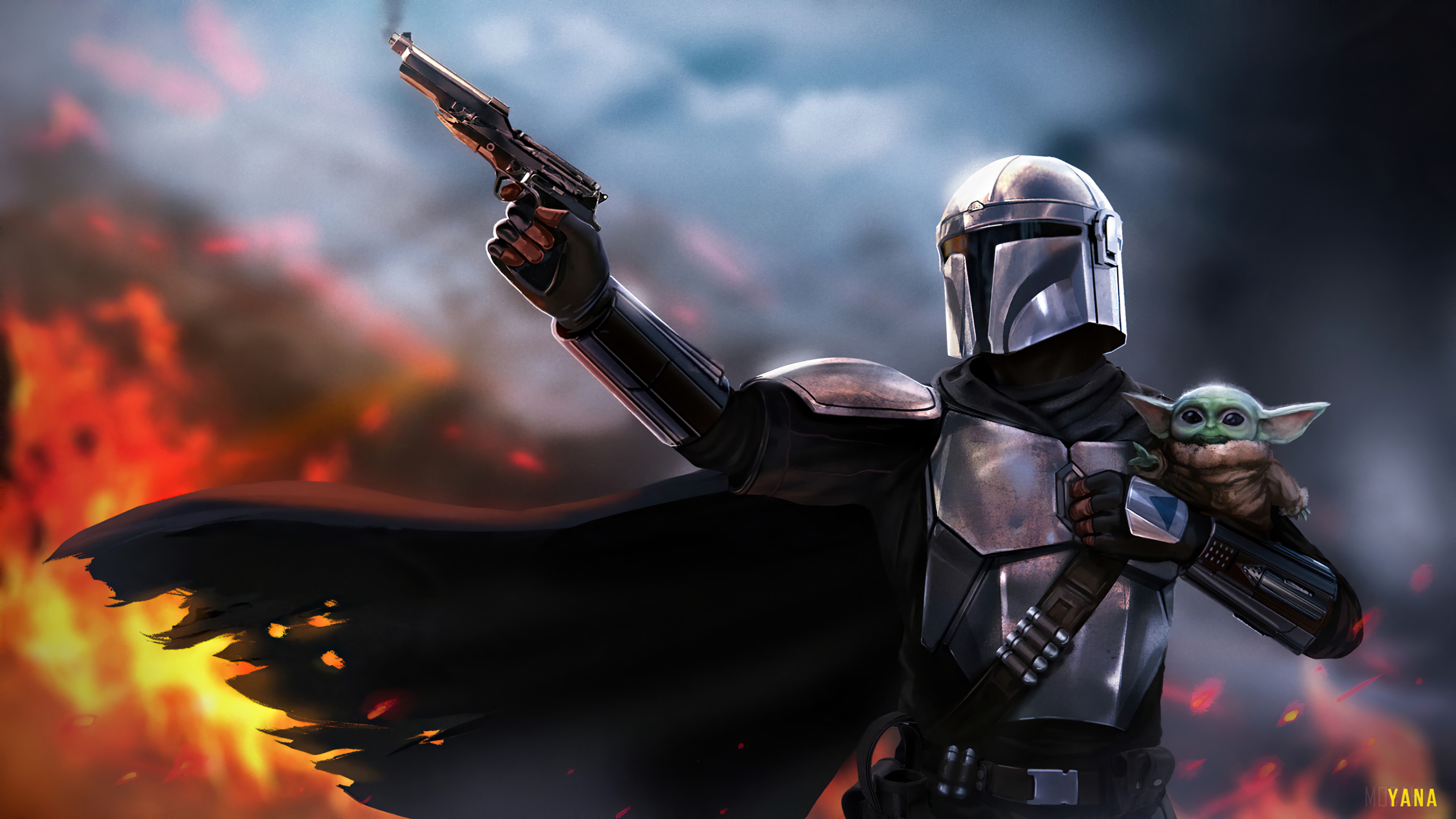 The Mandalorian with Baby Yoda in Fiery Battle Scene 4K HD Wallpaper