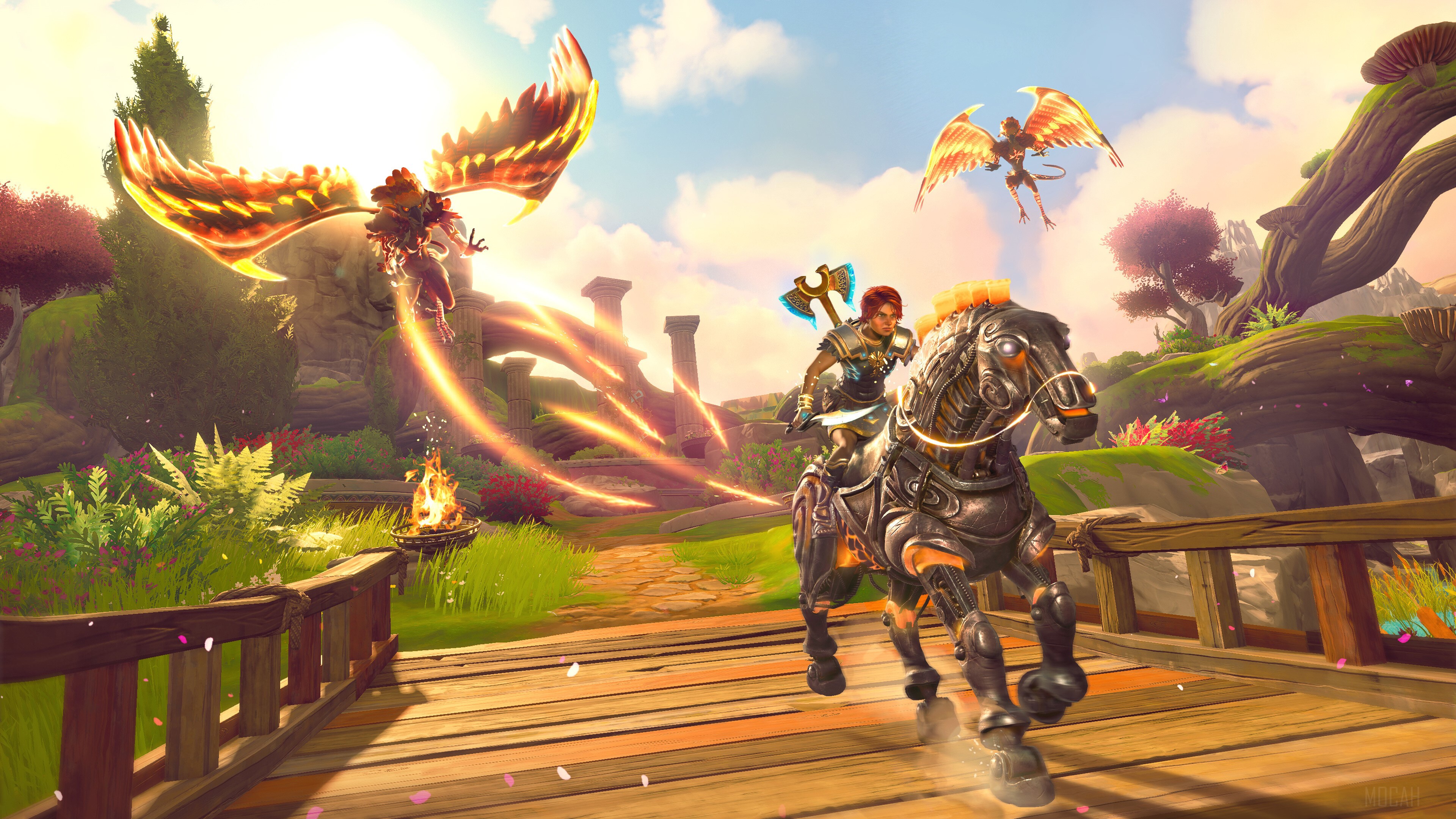 Immortals Fenyx Rising: Fenyx riding a mechanical horse with griffins HD Wallpaper
