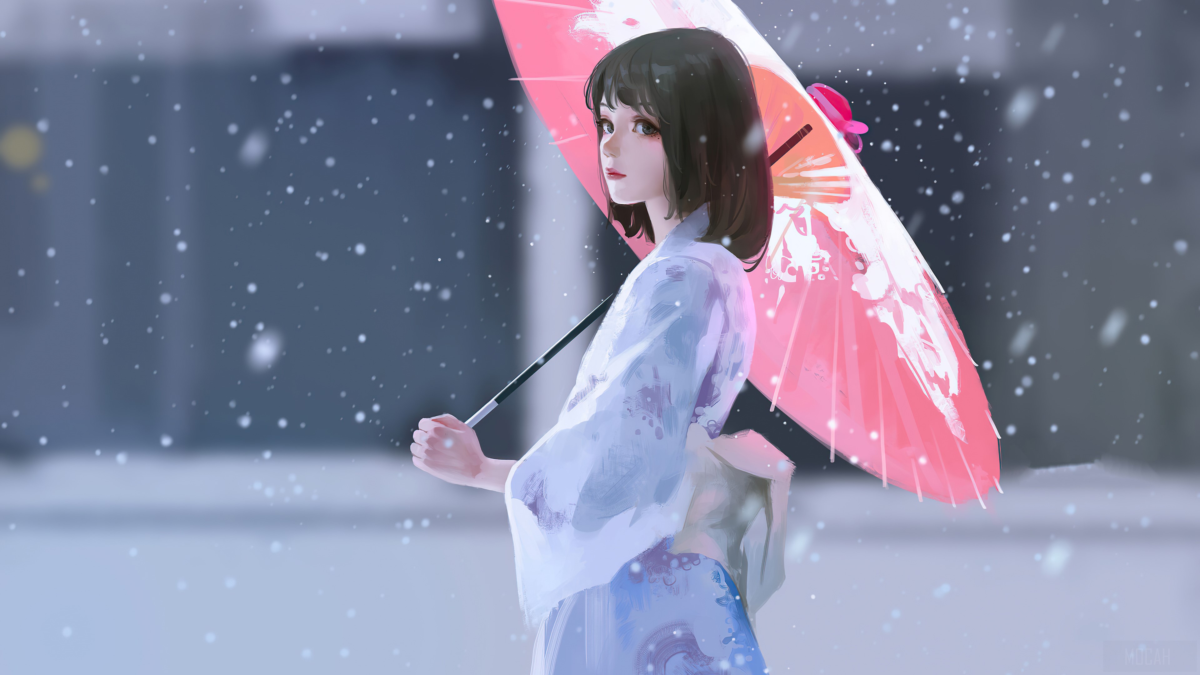 Anime Girl in Kimono with Umbrella in Snow 4K HD Wallpaper