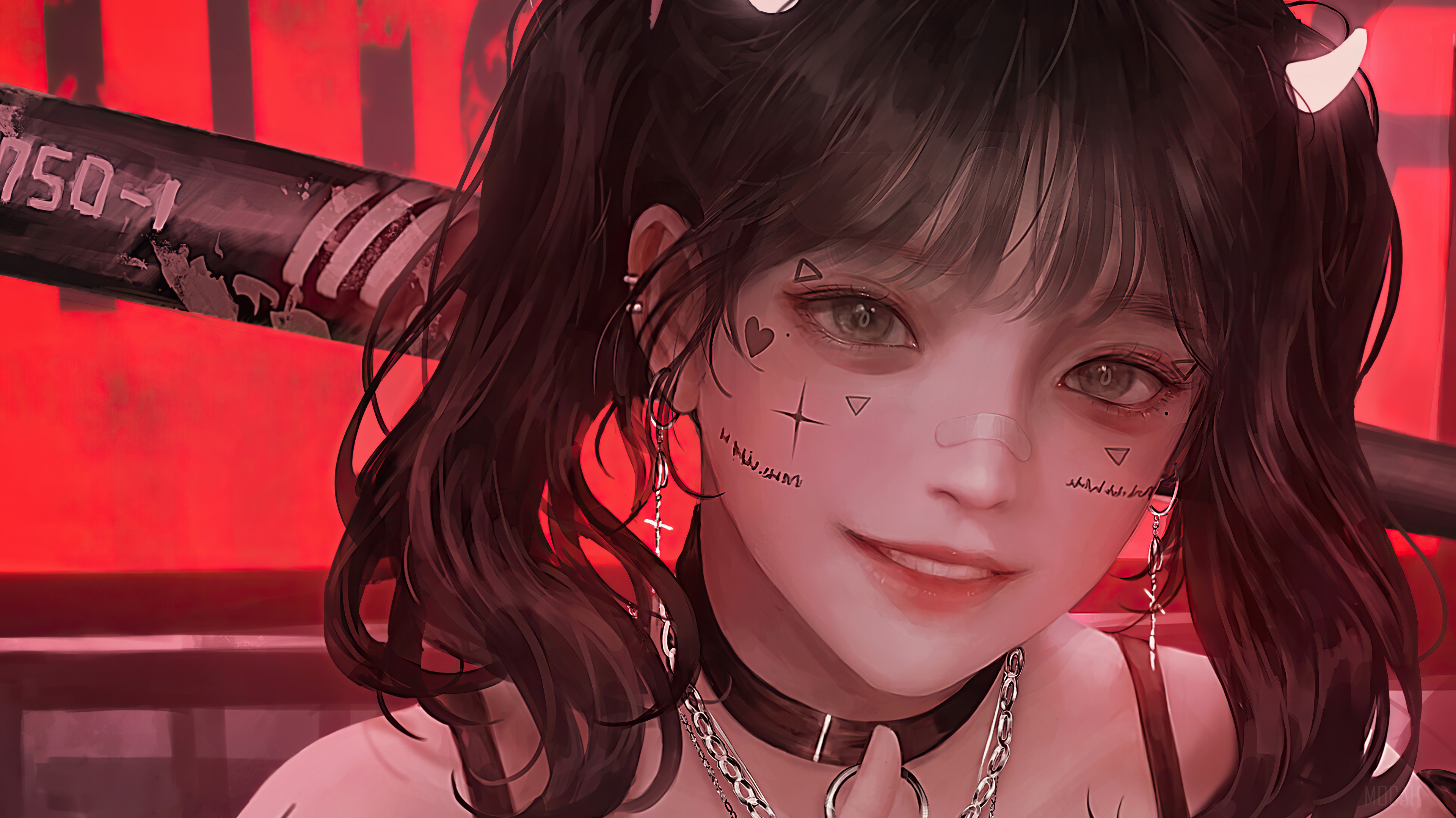 Anime girl with tattoos and horns HD Wallpaper