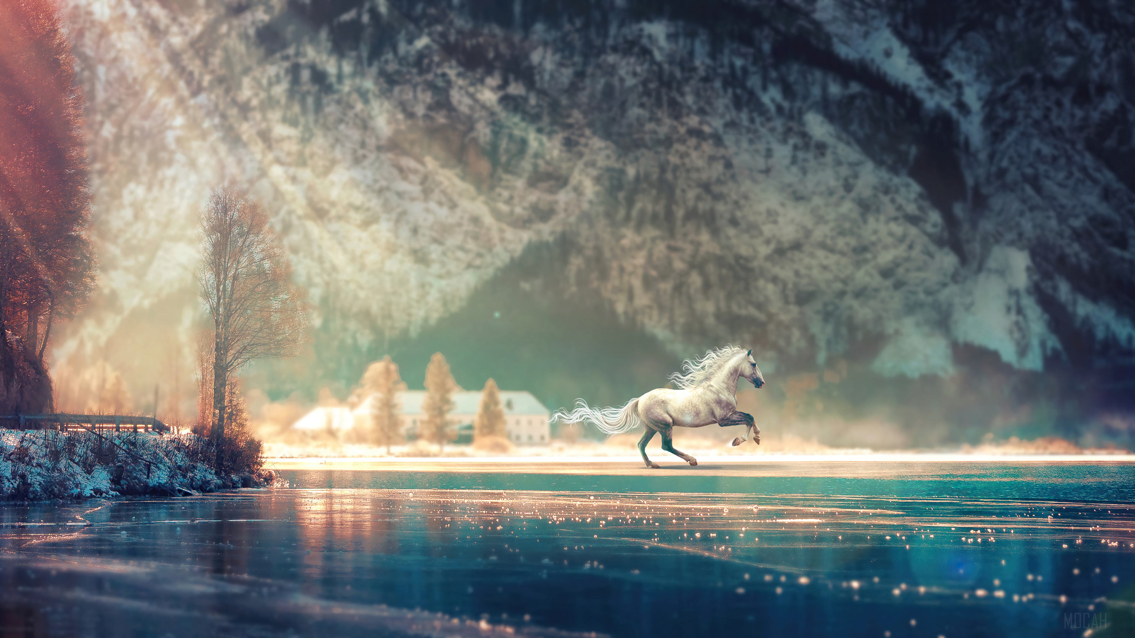 White Horse Running on Frozen Lake with Mountains HD Wallpaper