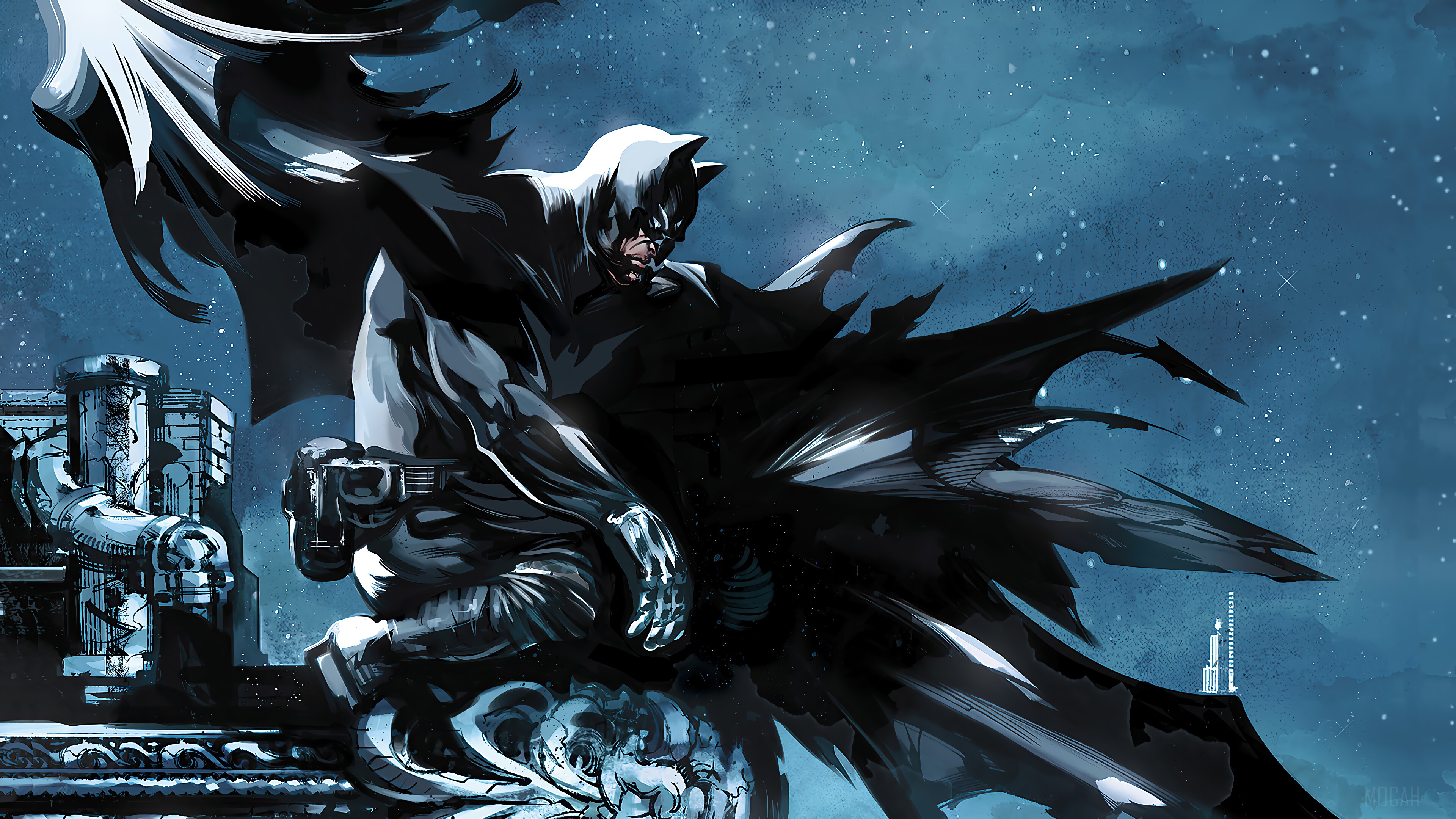 Batman from DC Comics watching over a city 4K HD Wallpaper