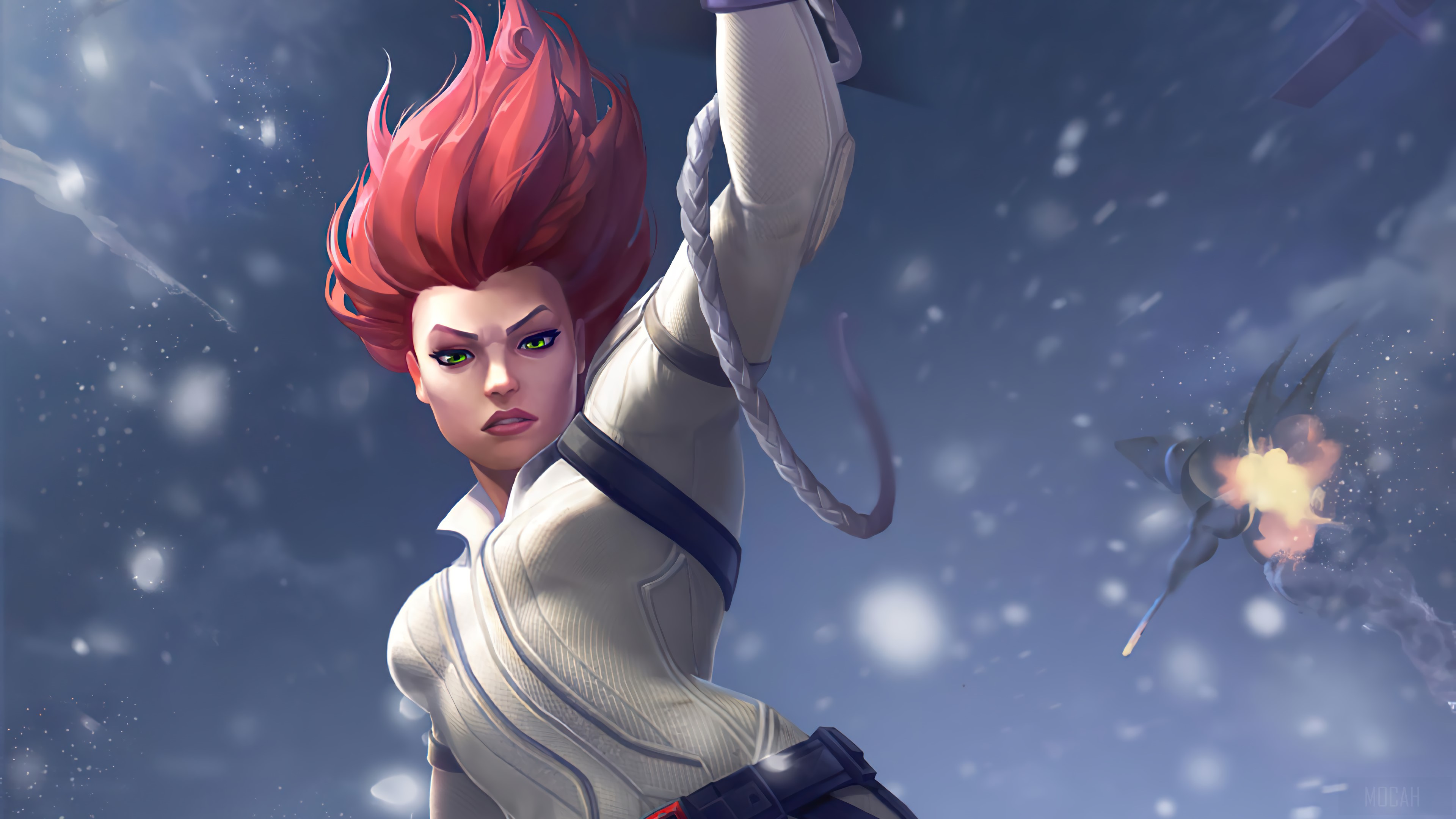Black Widow in white suit with exploding aircraft HD Wallpaper