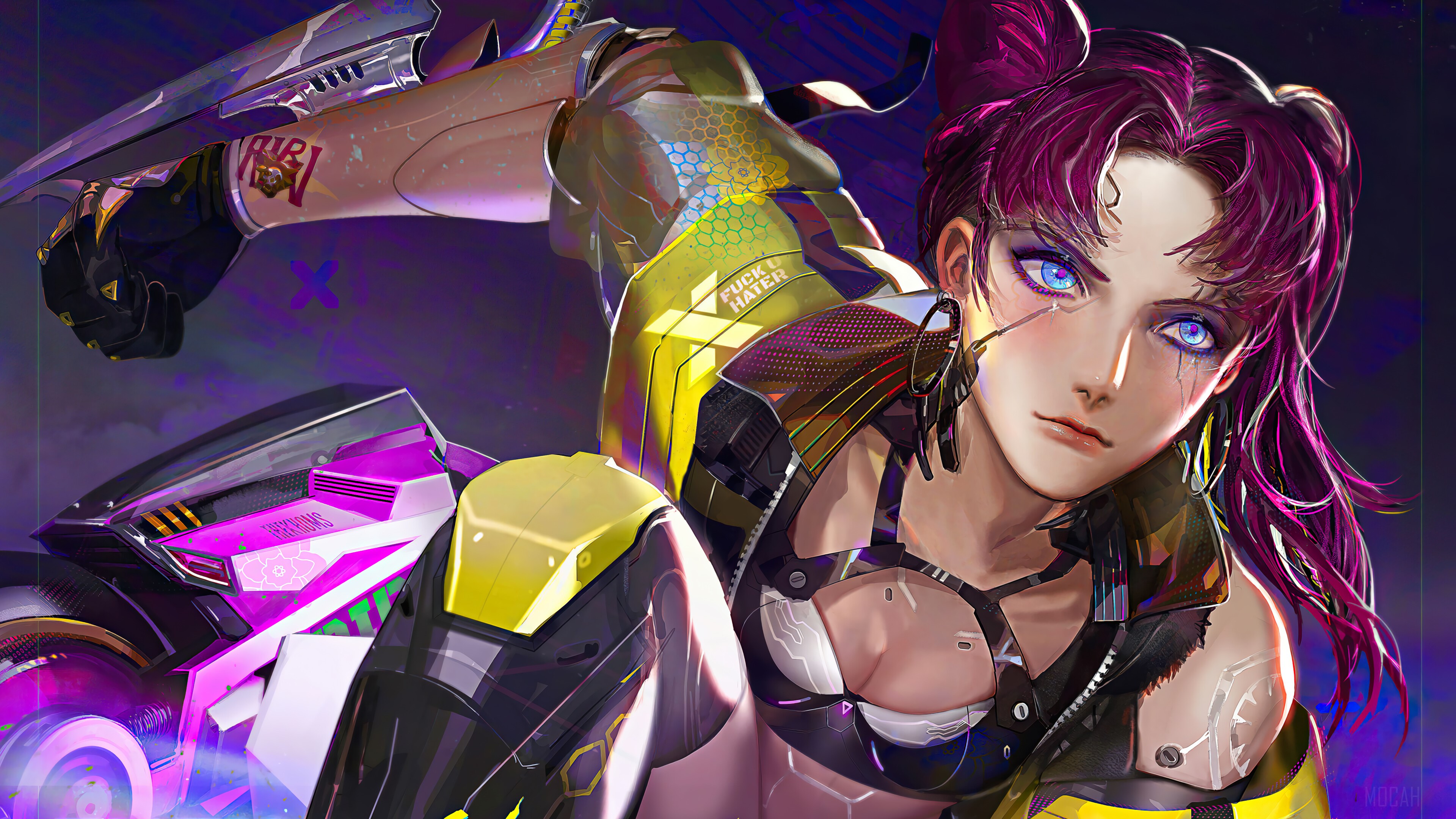 Cyberpunk 2077 girl with purple hair and blue eyes HD Wallpaper