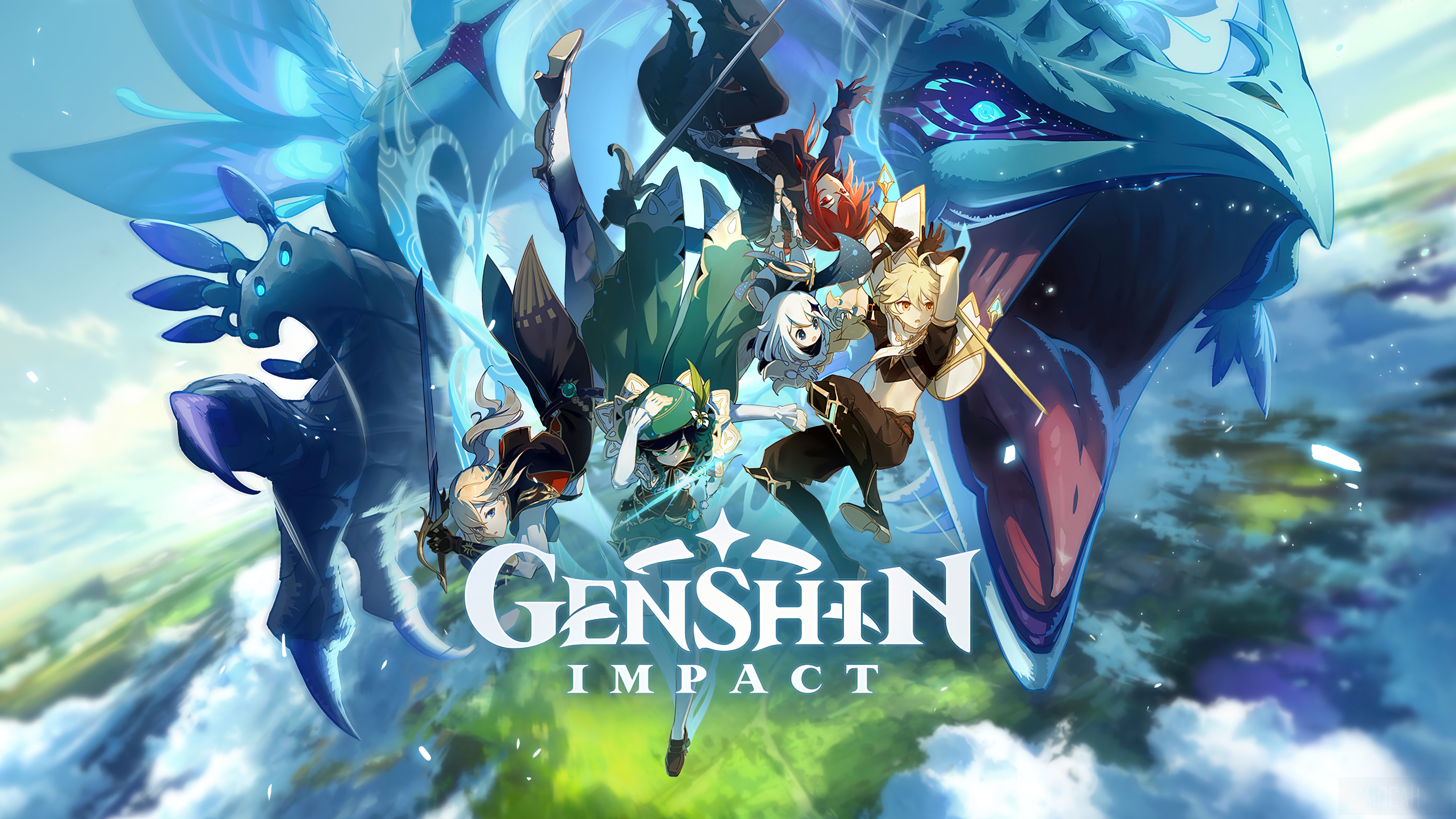 Genshin Impact Key Art Featuring Characters and Dragon 4K HD Wallpaper