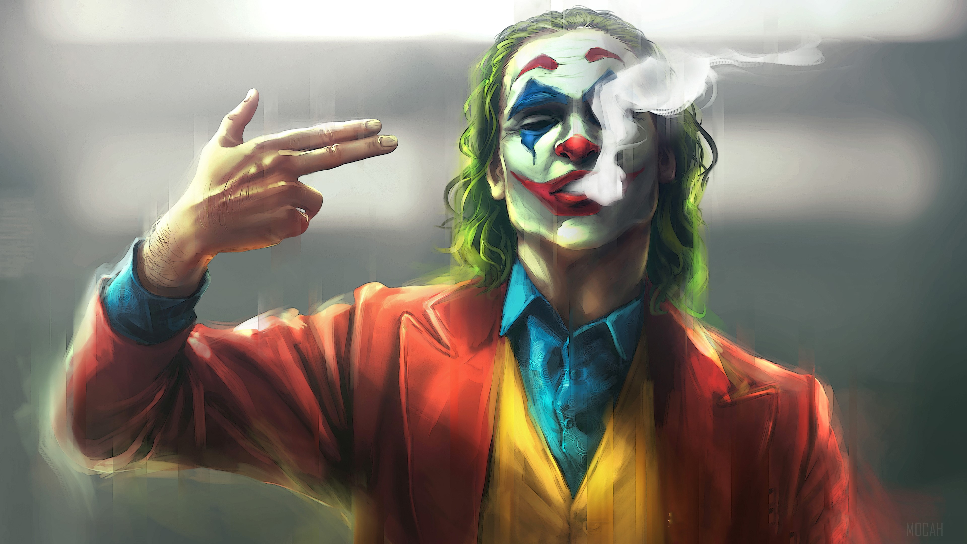 Joker Character Smoking with Finger Gun Gesture 4K HD Wallpaper