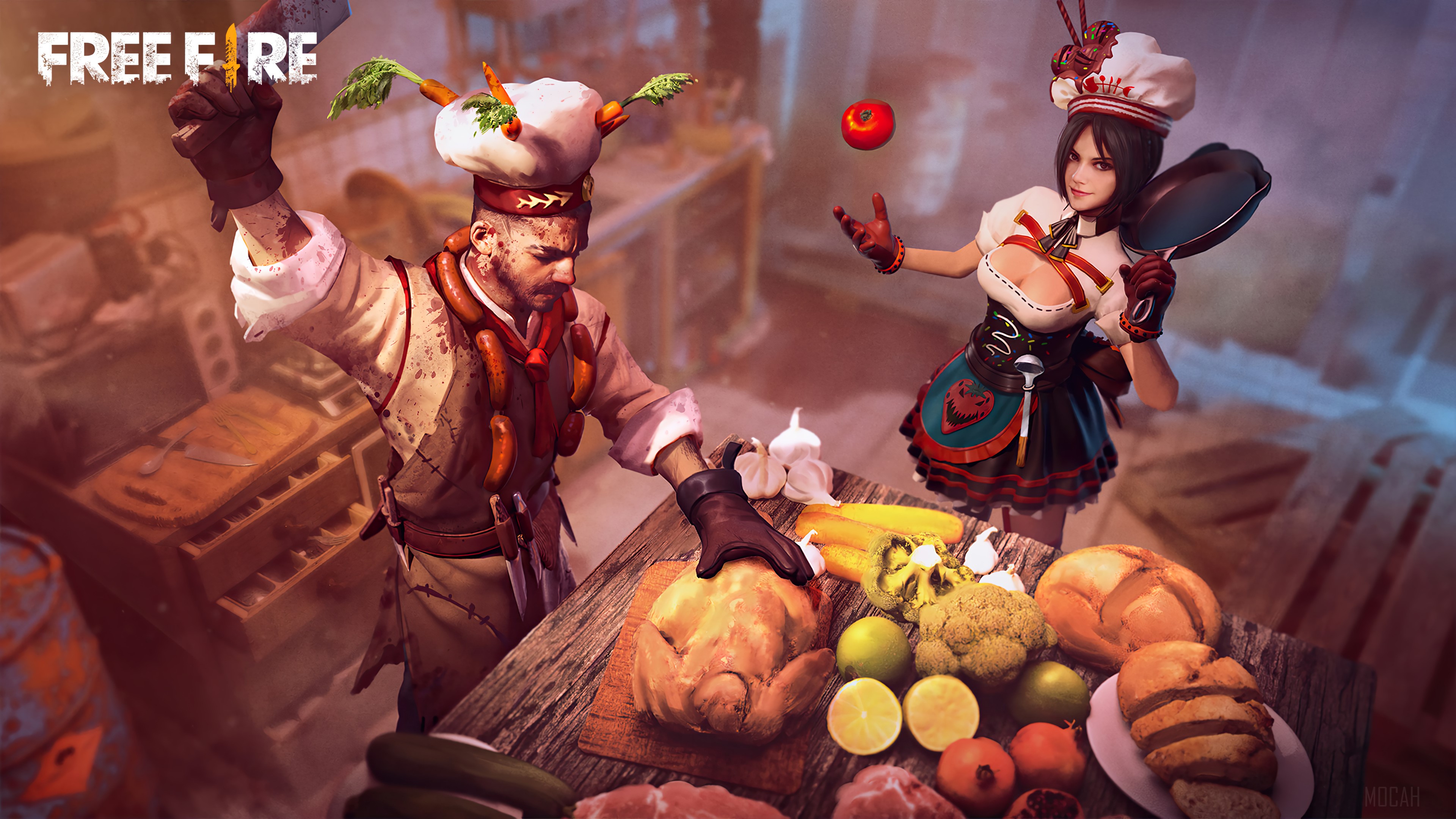 Free Fire characters preparing food in a kitchen HD Wallpaper