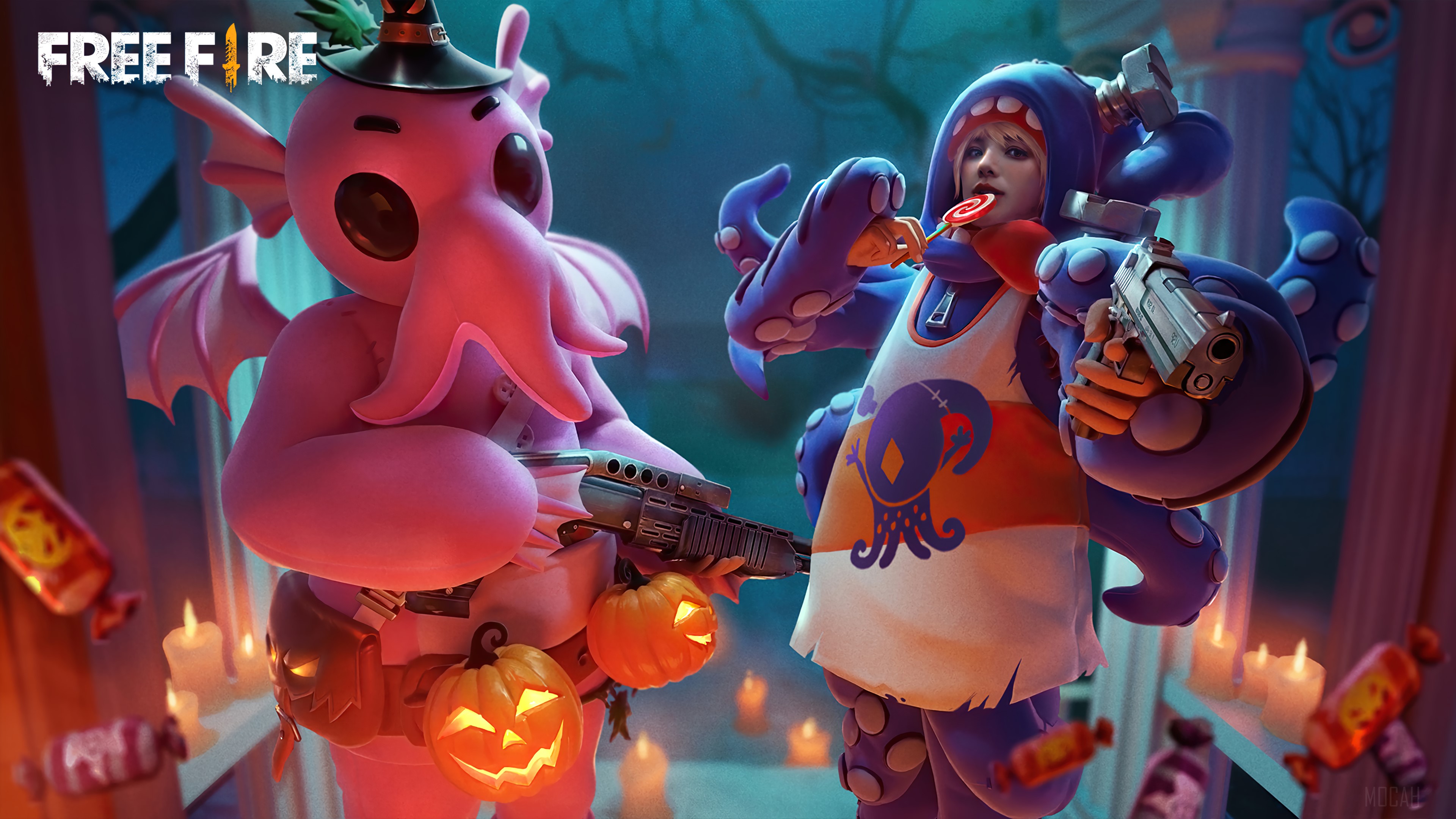 Free Fire Halloween characters with guns and pumpkins HD Wallpaper