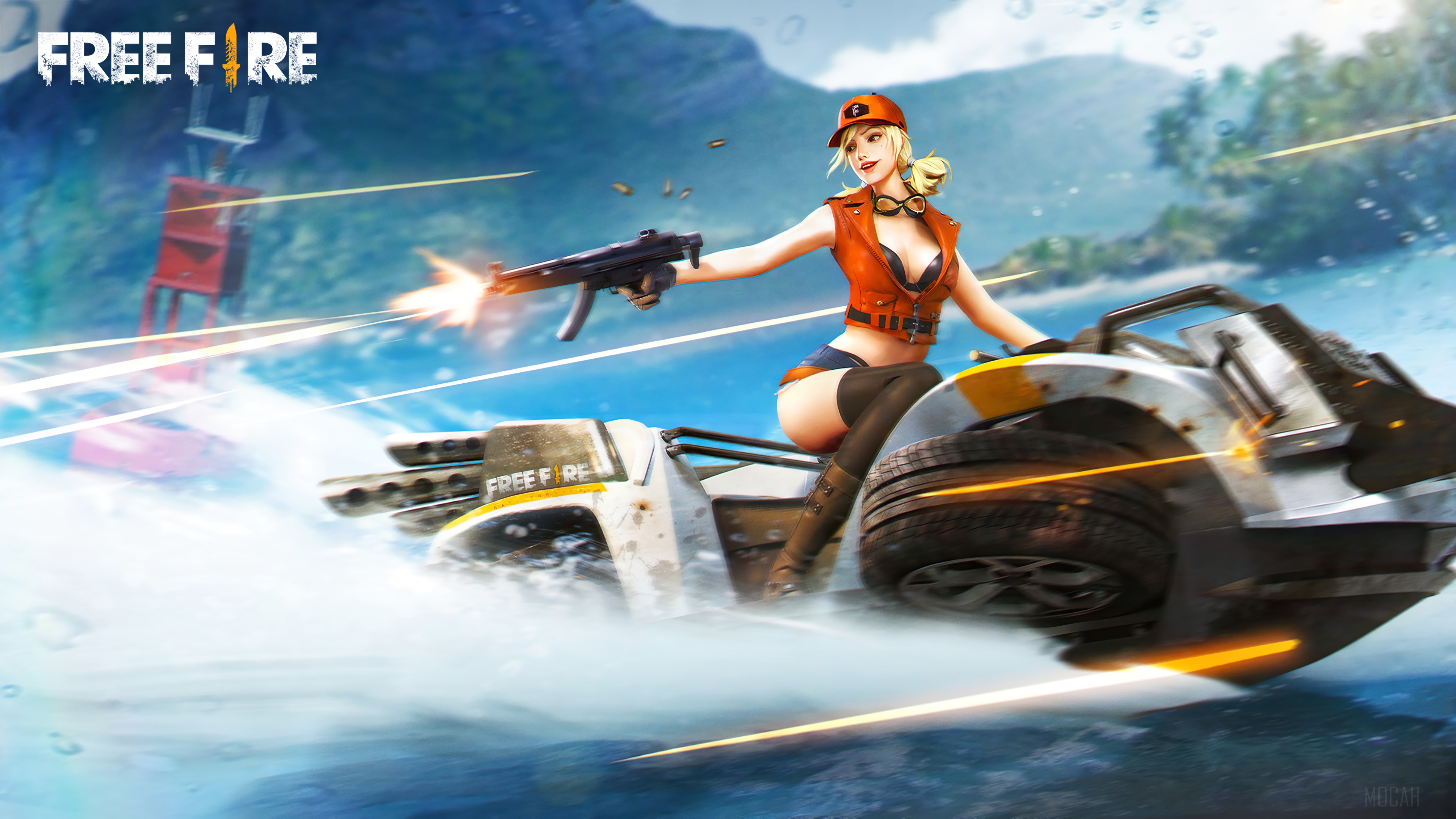 Misha from Garena Free Fire on a watercraft HD Wallpaper