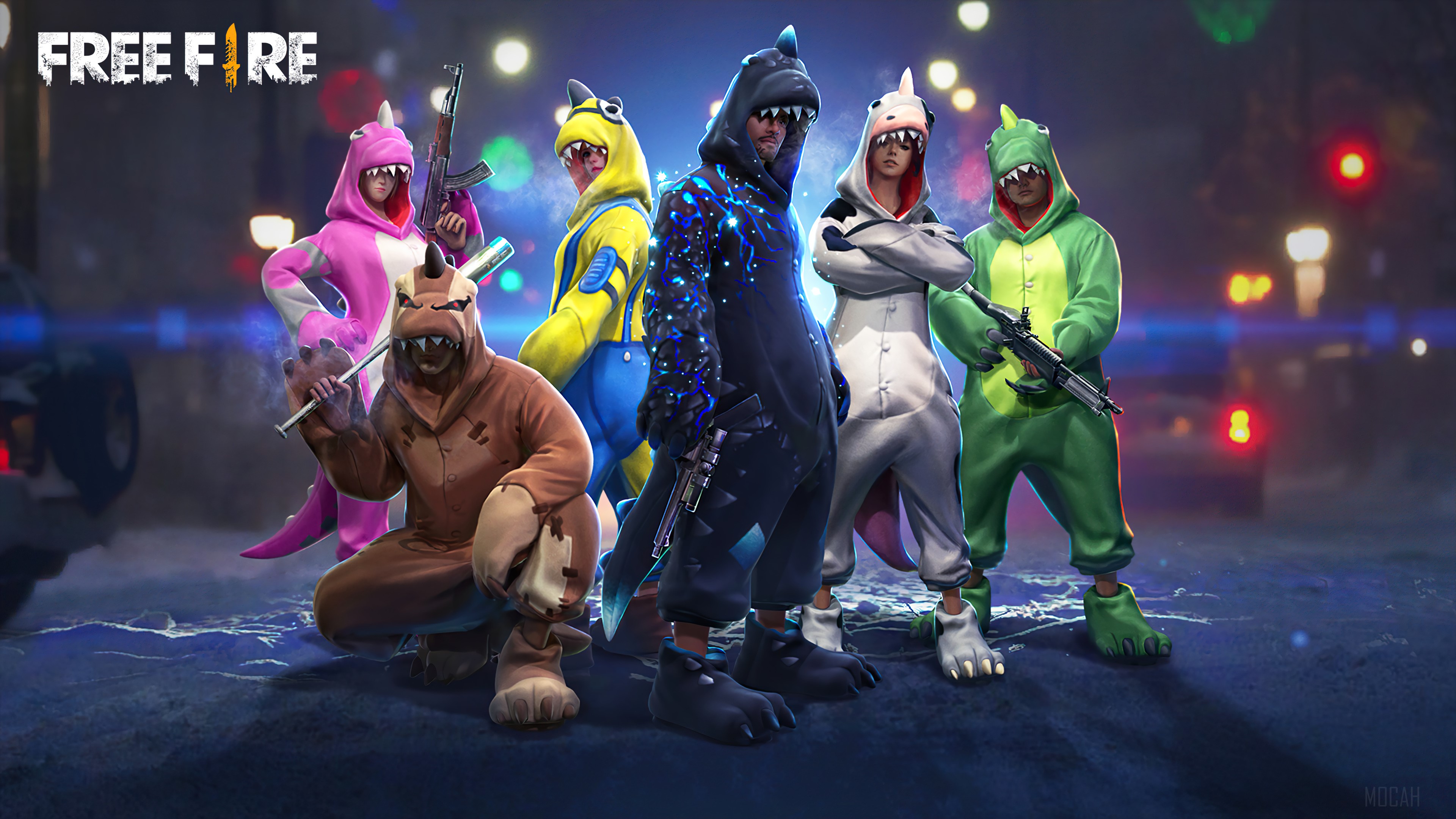 Garena Free Fire Characters in Dino Costumes 4K HD Wallpaper